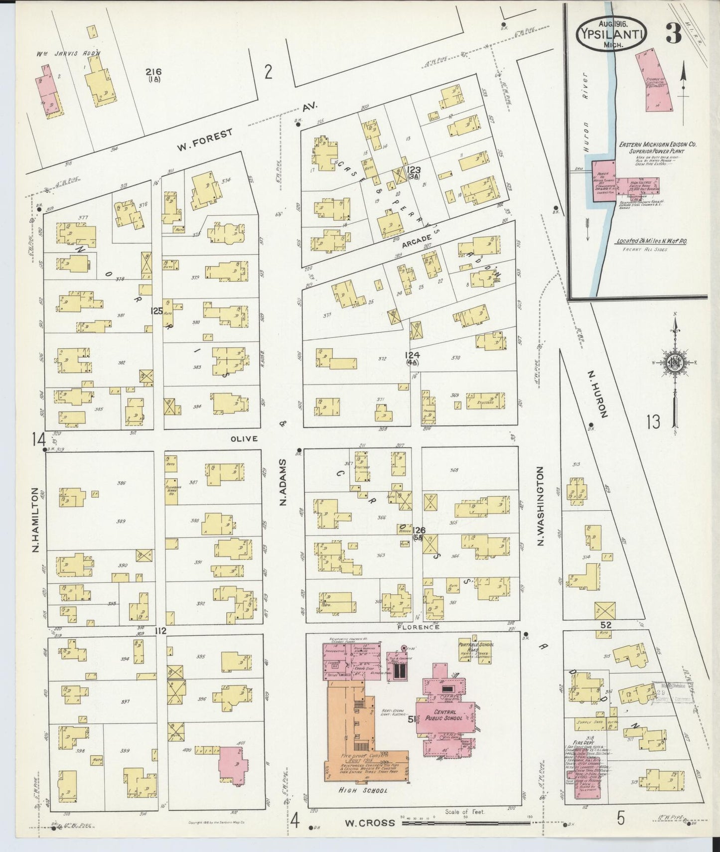 Sanborn Fire Insurance Map from Ypsilanti, Washtenaw County, Michigan (1916), Sheet #0003 - Complete Map Set gallery image, historic Sanborn map, vintage wall art, Michigan Michigan