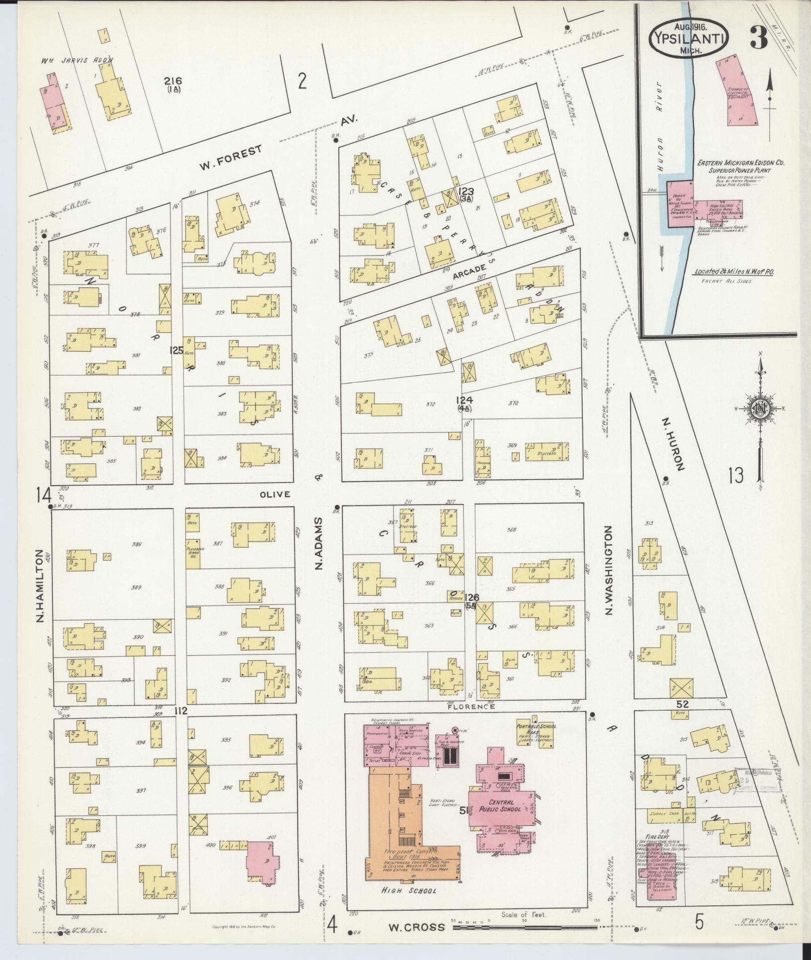 Sanborn Fire Insurance Map from Ypsilanti, Washtenaw County, Michigan (1916), Sheet #0003 - Complete Map Set gallery image, historic Sanborn map, vintage wall art, Michigan Michigan
