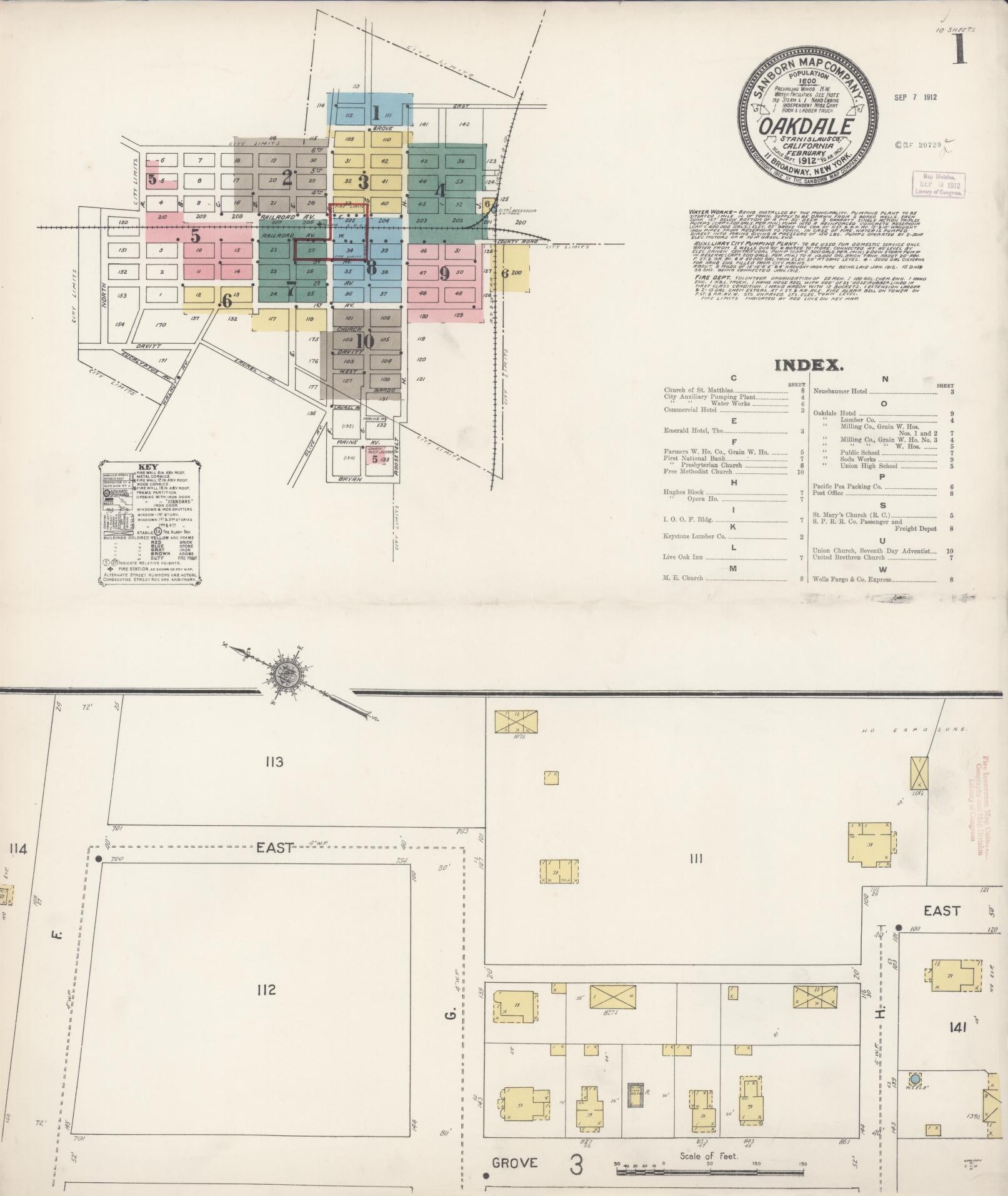 Sanborn Fire Insurance Map from Oakdale, Stanislaus County, California (1912), Sheet #0001 - Complete Map Set gallery image, historic Sanborn map, vintage wall art, California California