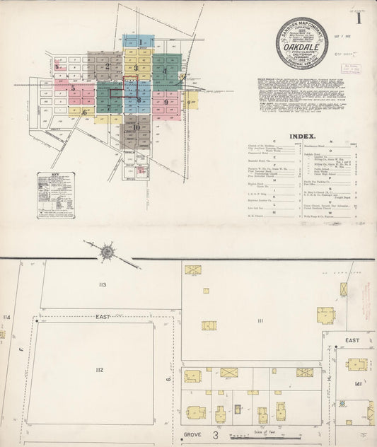 Sanborn Fire Insurance Map from Oakdale, Stanislaus County, California (1912), Sheet #0001 - Complete Map Set gallery image, historic Sanborn map, vintage wall art, California California