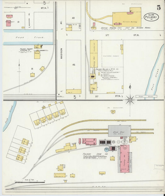 Sanborn Fire Insurance Map from Pulaski, Pulaski County, Virginia (1898), Sheet #0005 - Historic Sanborn Fire Insurance Map Print, vintage old map wall art, antique decor, genealogy gift, Virginia Virginia map