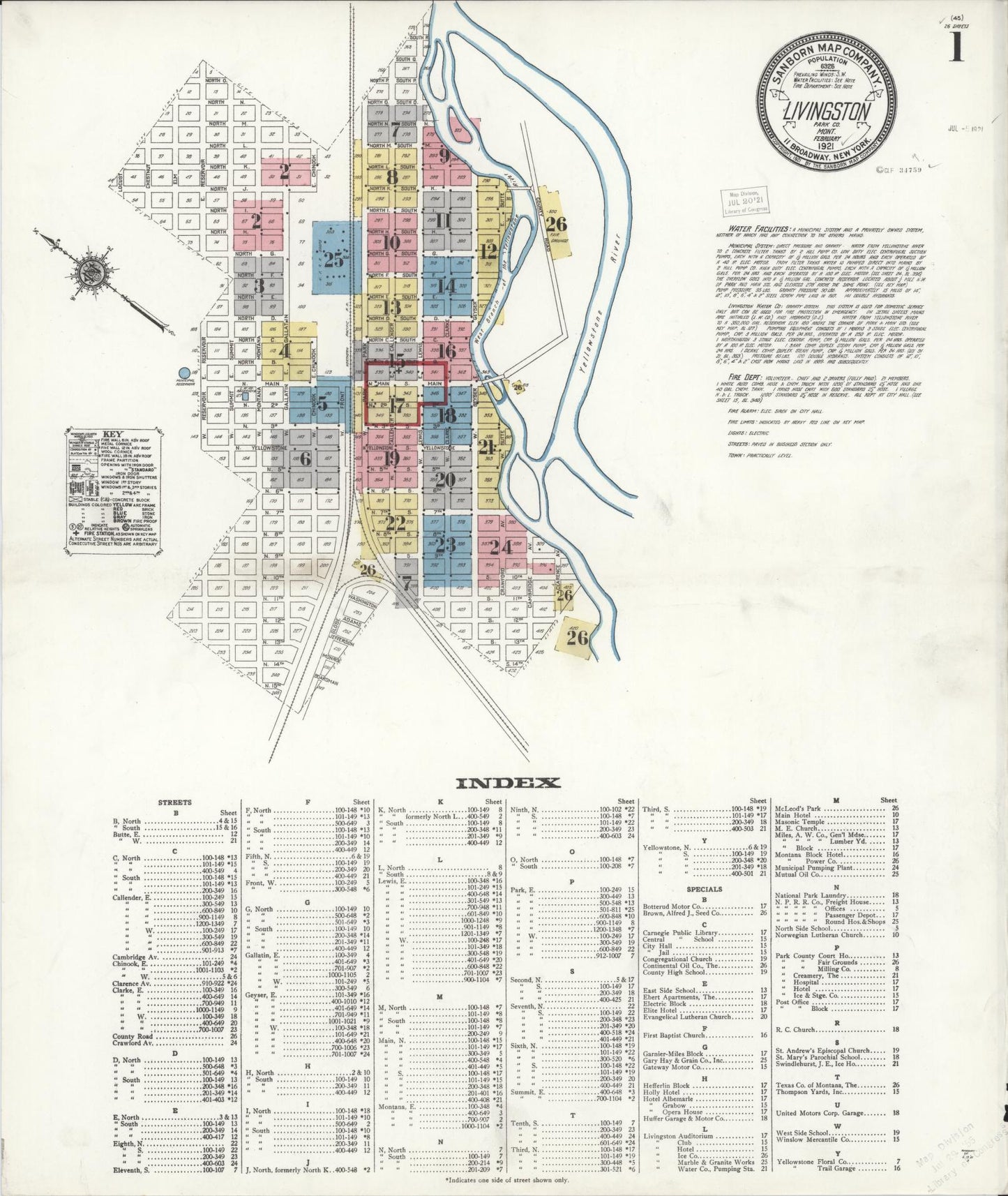 Sanborn Fire Insurance Map from Livingston, Park County, Montana (1921), Sheet #0001 - Historic Sanborn Fire Insurance Map Print, vintage old map wall art, antique decor, genealogy gift, Montana Montana map