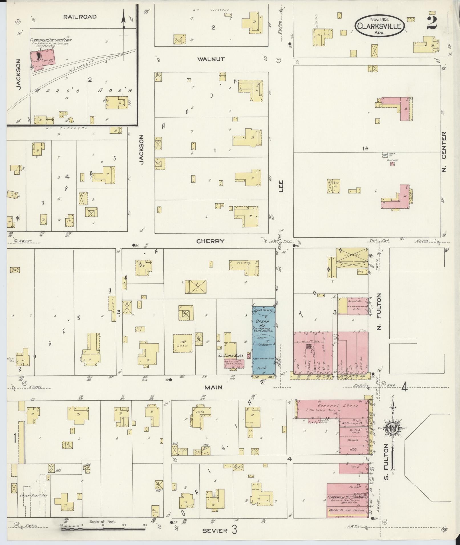 Sanborn Fire Insurance Map from Clarksville, Johnson County, Arkansas (1913), Sheet #0002 - Complete Map Set gallery image, historic Sanborn map, vintage wall art, Arkansas Arkansas