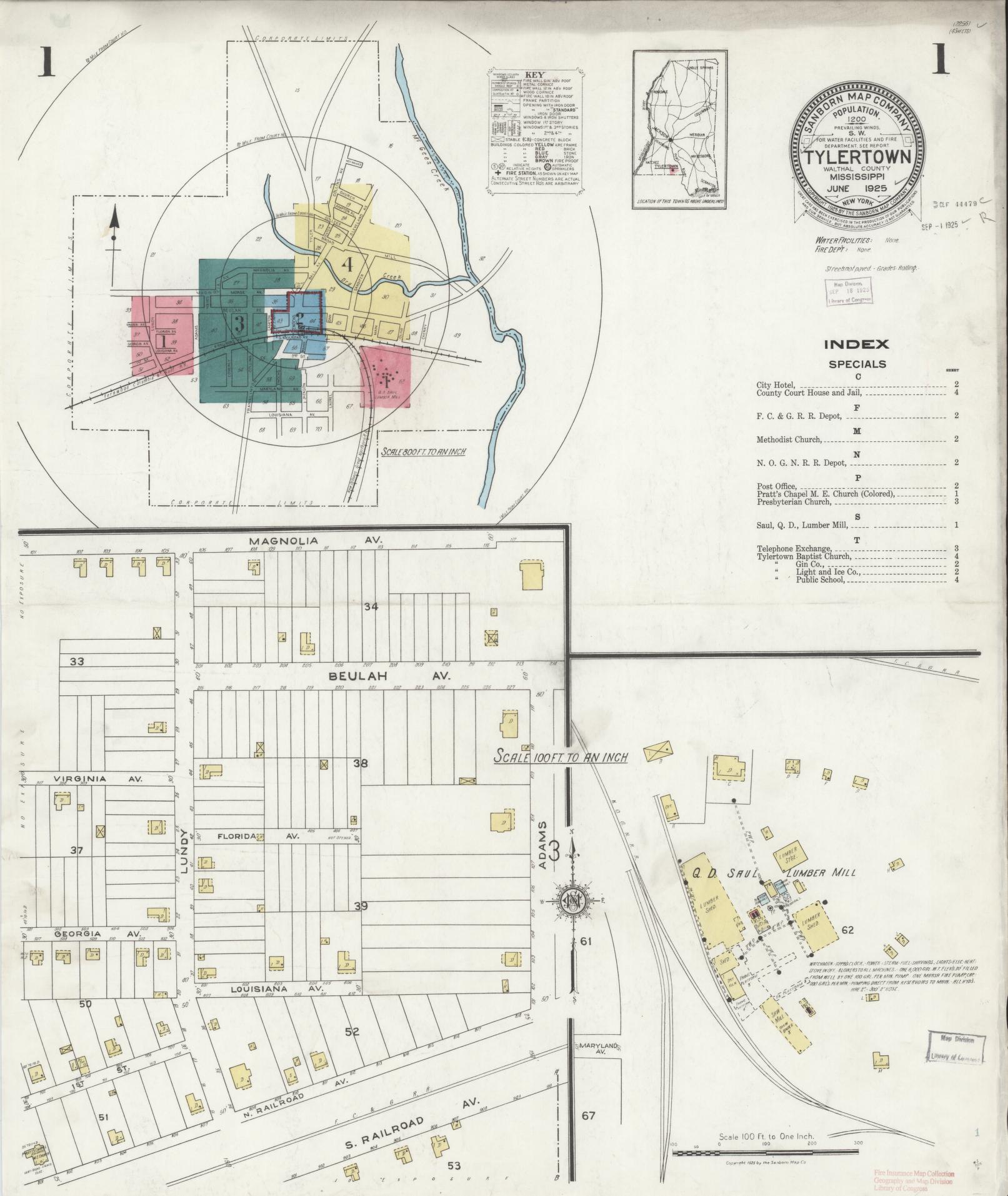 Sanborn Fire Insurance Map from Tylertown, Walthall County, Mississippi (1925), Sheet #0001 - Historic Sanborn Fire Insurance Map Print, vintage old map wall art, antique decor, genealogy gift, Mississippi Mississippi map