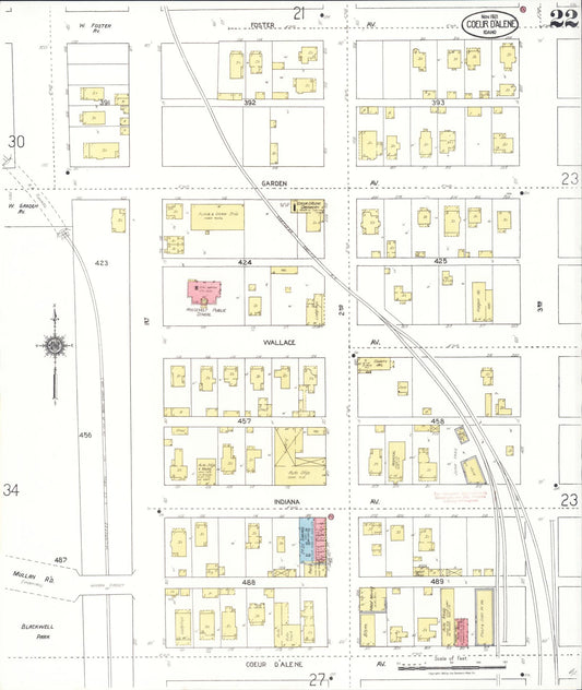 Sanborn Fire Insurance Map from Coeur D'alene, Kootenai County, Idaho (1921), Sheet #0022 - Historic Sanborn Fire Insurance Map Print, vintage old map wall art, antique decor, genealogy gift, Idaho Idaho map