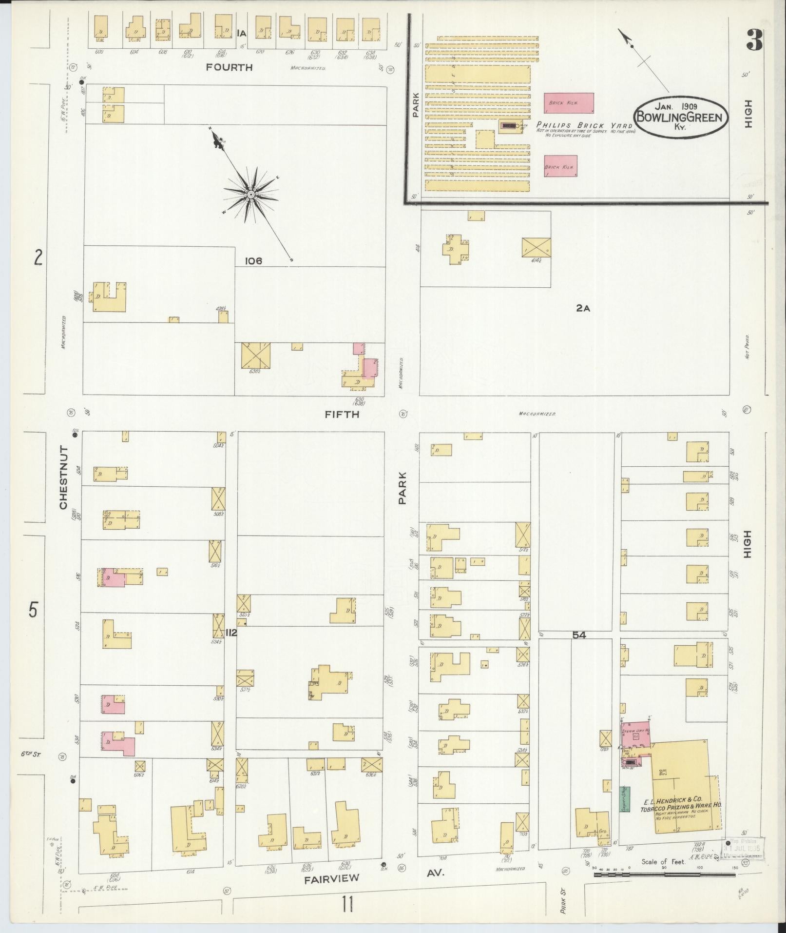 Sanborn Fire Insurance Map from Bowling Green, Warren County, Kentucky (1909), Sheet #0003 - Historic Sanborn Fire Insurance Map Print, vintage old map wall art, antique decor, genealogy gift, Kentucky Kentucky map