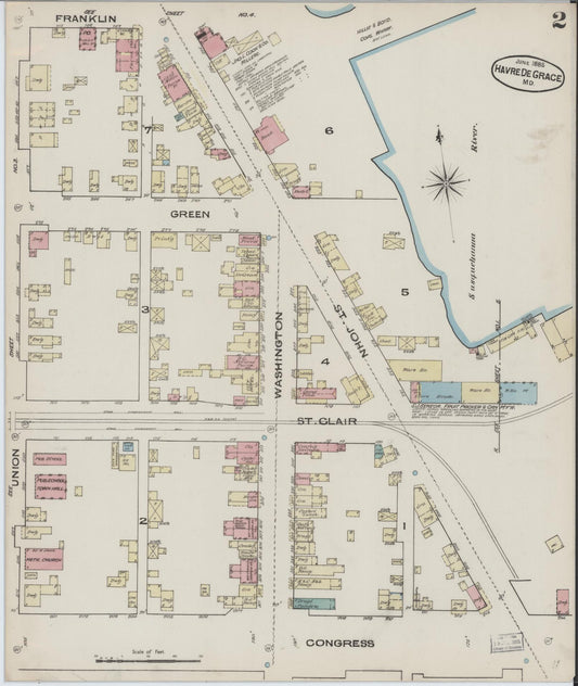Sanborn Fire Insurance Map from Havre De Grace, Harford County, Maryland (1885), Sheet #0002 - Historic Sanborn Fire Insurance Map Print, vintage old map wall art