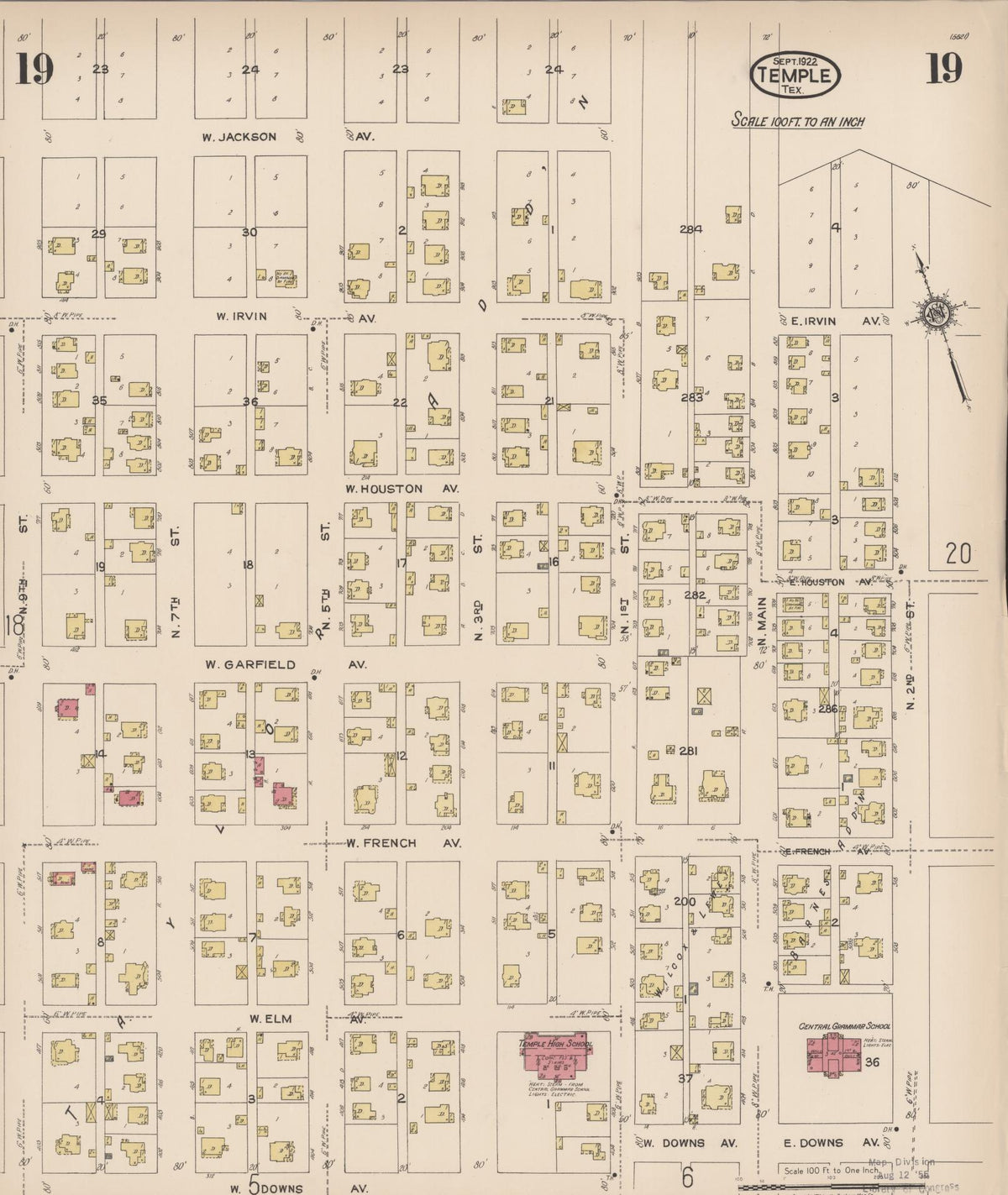 Sanborn Fire Insurance Map from Temple, Bell County, Texas (1922), Sheet #0019 - Historic Sanborn Fire Insurance Map Print, vintage old map wall art, antique decor, genealogy gift, Texas Texas map