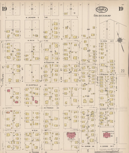 Sanborn Fire Insurance Map from Temple, Bell County, Texas (1922), Sheet #0019 - Historic Sanborn Fire Insurance Map Print, vintage old map wall art, antique decor, genealogy gift, Texas Texas map