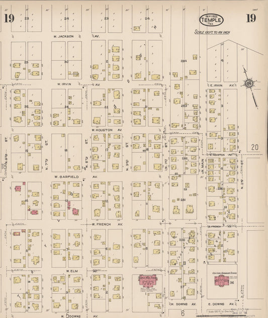 Sanborn Fire Insurance Map from Temple, Bell County, Texas (1922), Sheet #0019 - Historic Sanborn Fire Insurance Map Print, vintage old map wall art, antique decor, genealogy gift, Texas Texas map