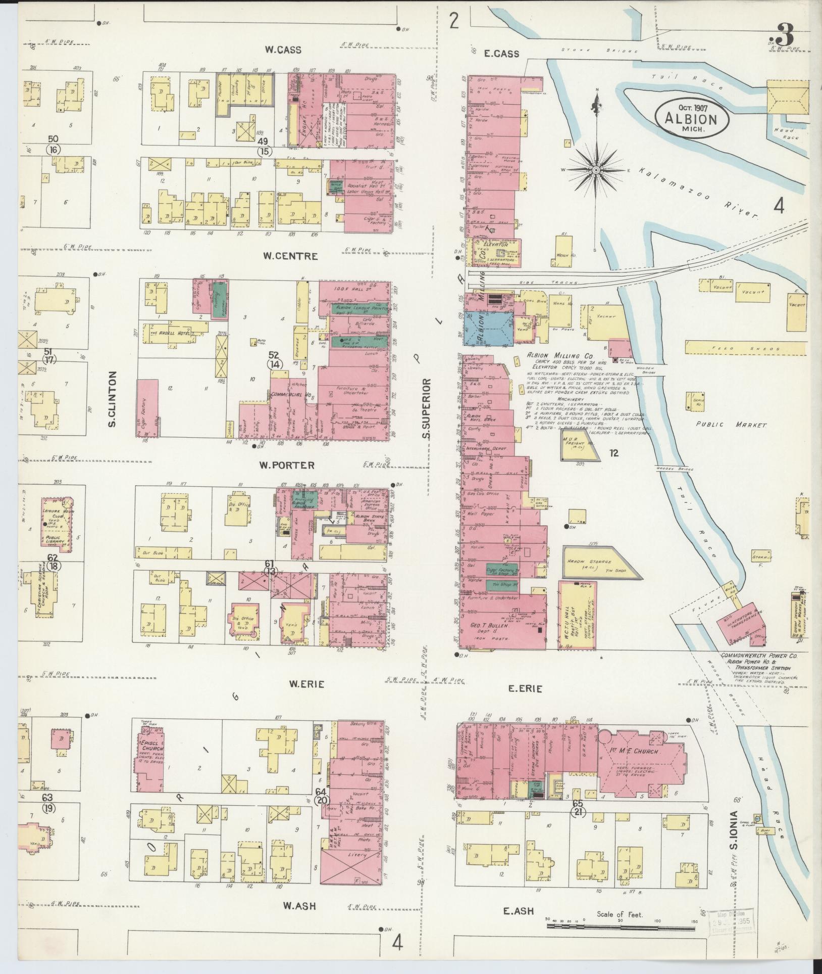 Sanborn Fire Insurance Map from Albion, Calhoun County, Michigan (1907), Sheet #0003 - Complete Map Set gallery image, historic Sanborn map, vintage wall art, Michigan Michigan