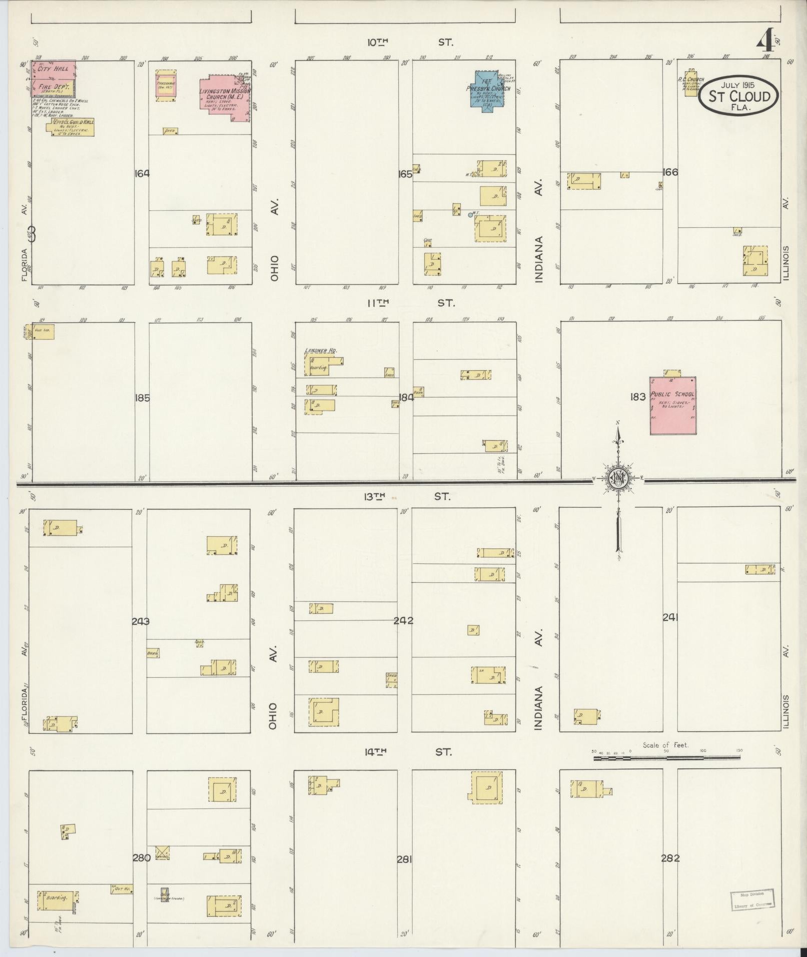 Sanborn Fire Insurance Map from Saint Cloud, Osceola County, Florida (1915), Sheet #0004 - Historic Sanborn Fire Insurance Map Print, vintage old map wall art, antique decor, genealogy gift, Florida Florida map