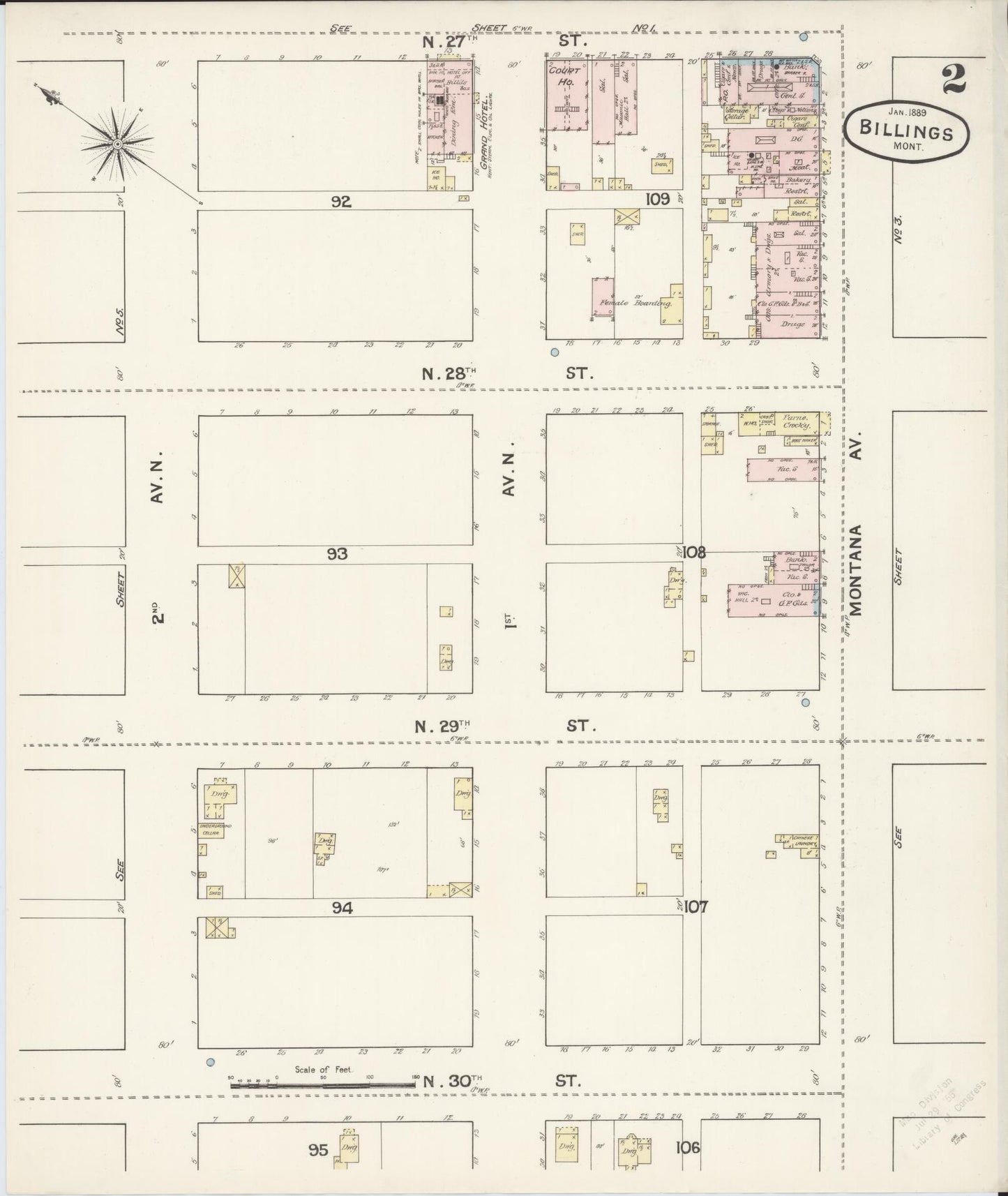 Sanborn Fire Insurance Map from Billings, Yellowstone County, Montana (1889), Sheet #0002 - Complete Map Set gallery image, historic Sanborn map, vintage wall art, Montana Montana