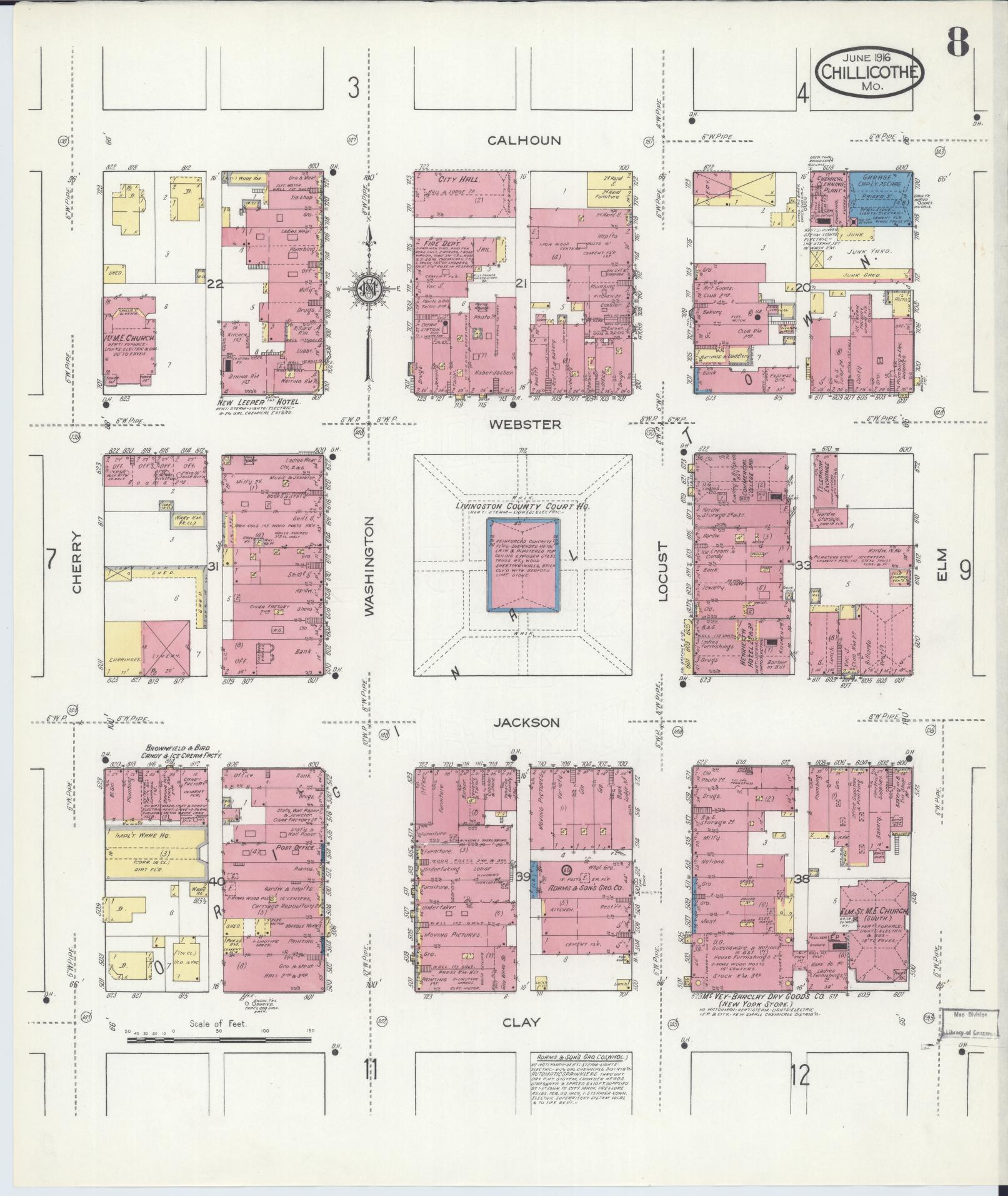 Sanborn Fire Insurance Map from Chillicothe, Livingston County, Missouri (1916), Sheet #0008 - Historic Sanborn Fire Insurance Map Print, vintage old map wall art, antique decor, genealogy gift, Missouri Missouri map