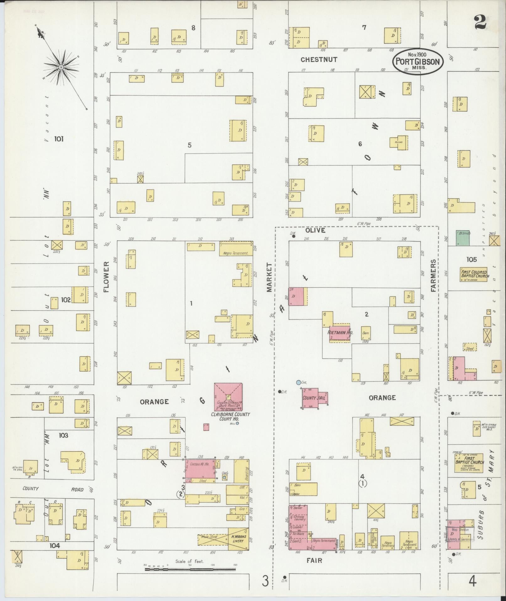Sanborn Fire Insurance Map from Port Gibson, Claiborne County, Mississippi (1900), Sheet #0002 - Complete Map Set gallery image, historic Sanborn map, vintage wall art, Mississippi Mississippi