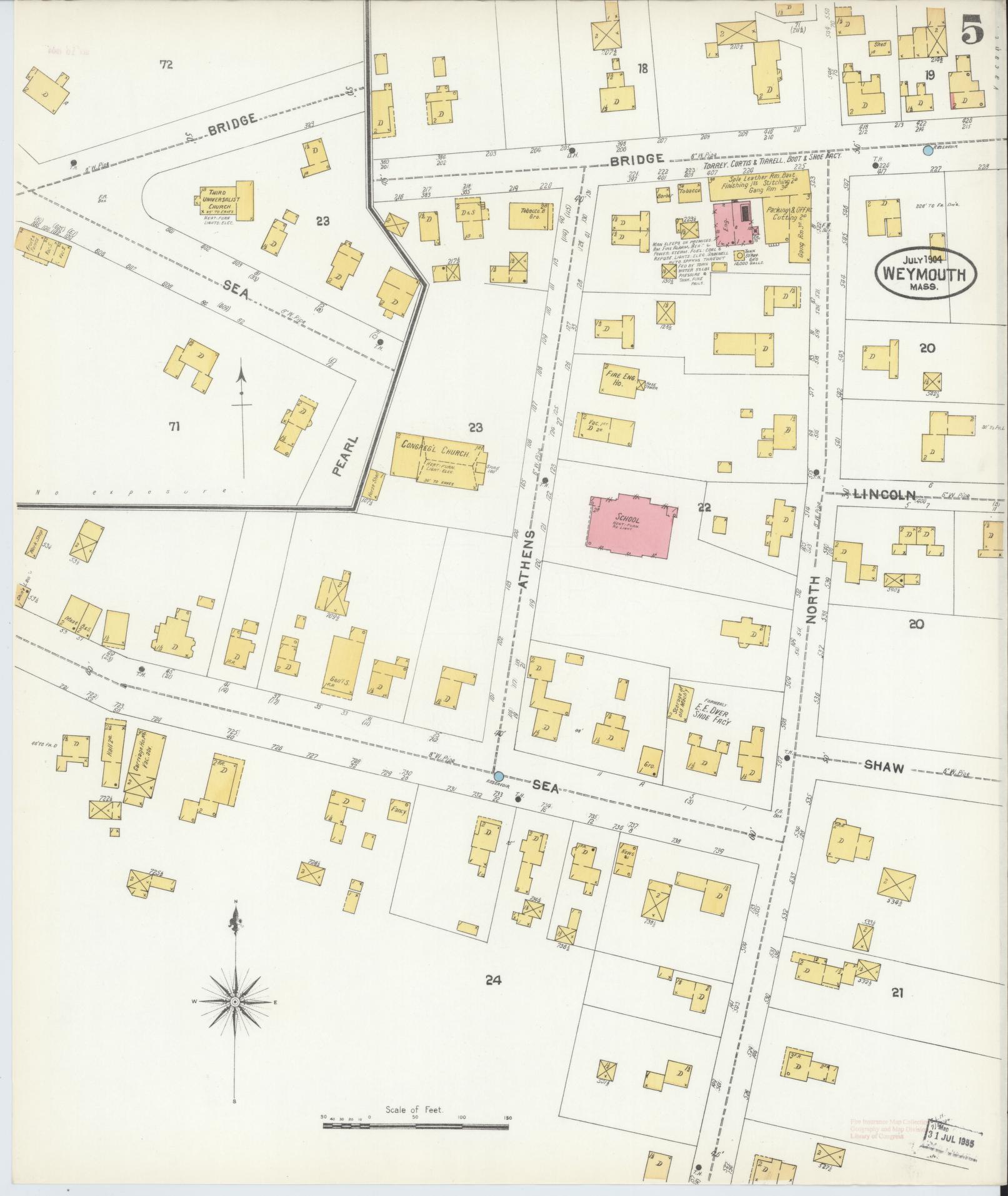 Sanborn Fire Insurance Map from Weymouth, Norfolk County, Massachusetts (1904), Sheet #0005 - Historic Sanborn Fire Insurance Map Print, vintage old map wall art, antique decor, genealogy gift, Massachusetts Massachusetts map