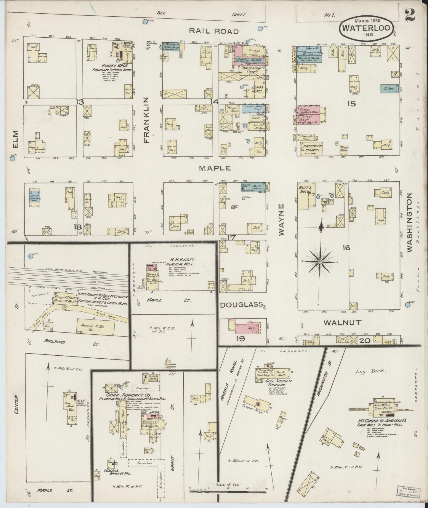 Sanborn Fire Insurance Map from Waterloo, De Kalb County, Indiana (1886), Sheet #0002 - Complete Map Set gallery image, historic Sanborn map, vintage wall art, Indiana Indiana
