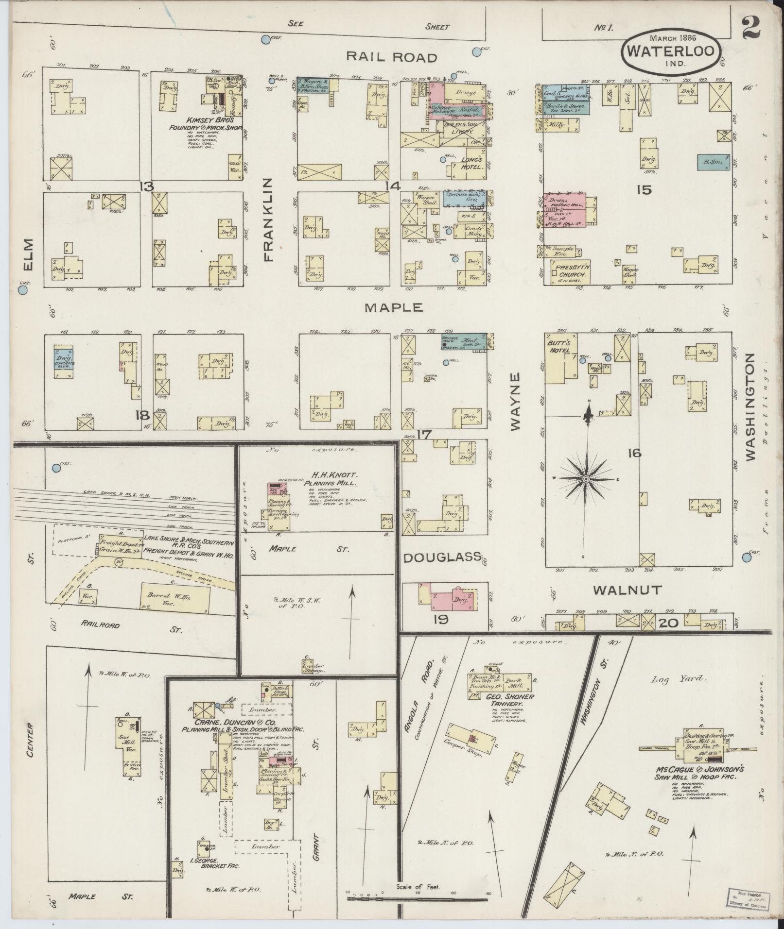 Sanborn Fire Insurance Map from Waterloo, De Kalb County, Indiana (1886), Sheet #0002 - Complete Map Set gallery image, historic Sanborn map, vintage wall art, Indiana Indiana