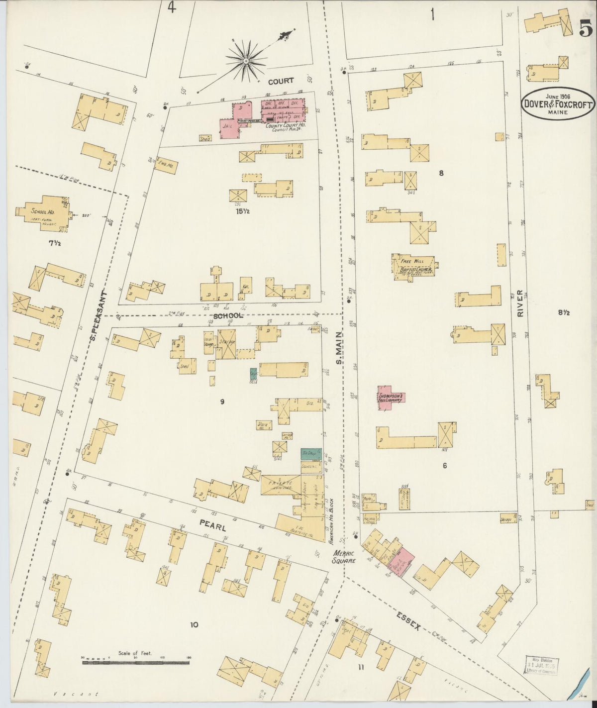 Sanborn Fire Insurance Map from Dover, Piscataguis County, Maine (1906), Sheet #0005 - Historic Sanborn Fire Insurance Map Print, vintage old map wall art, antique decor, genealogy gift, Maine Maine map