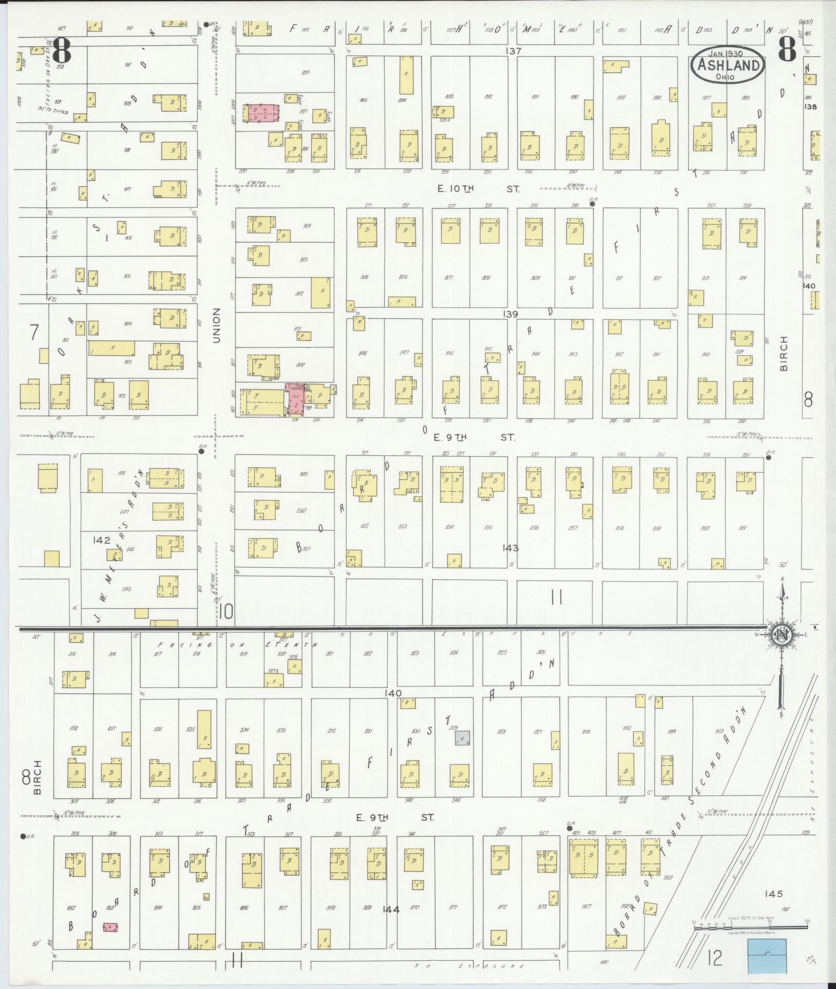 Sanborn Fire Insurance Map from Ashland, Ashland County, Ohio (1930), Sheet #0008 - Historic Sanborn Fire Insurance Map Print, vintage old map wall art, antique decor, genealogy gift, Ohio Ohio map