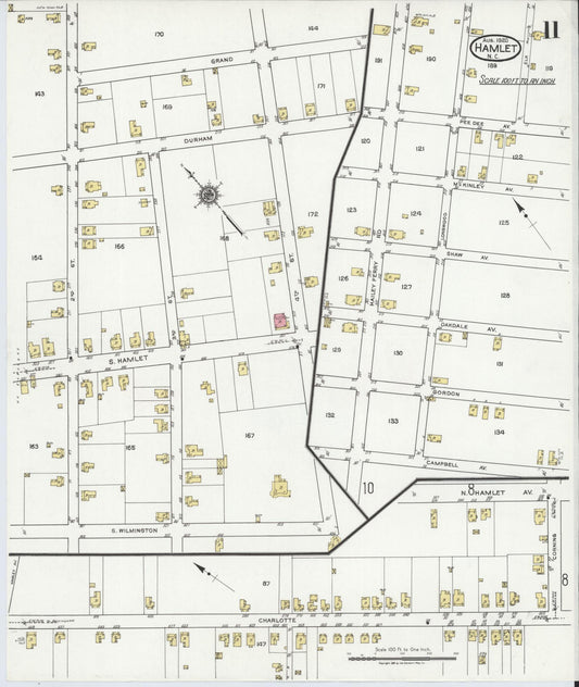 Sanborn Fire Insurance Map from Hamlet, Richmond County, North Carolina (1920), Sheet #0011 - Historic Sanborn Fire Insurance Map Print, vintage old map wall art, antique decor, genealogy gift, North Carolina North Carolina map
