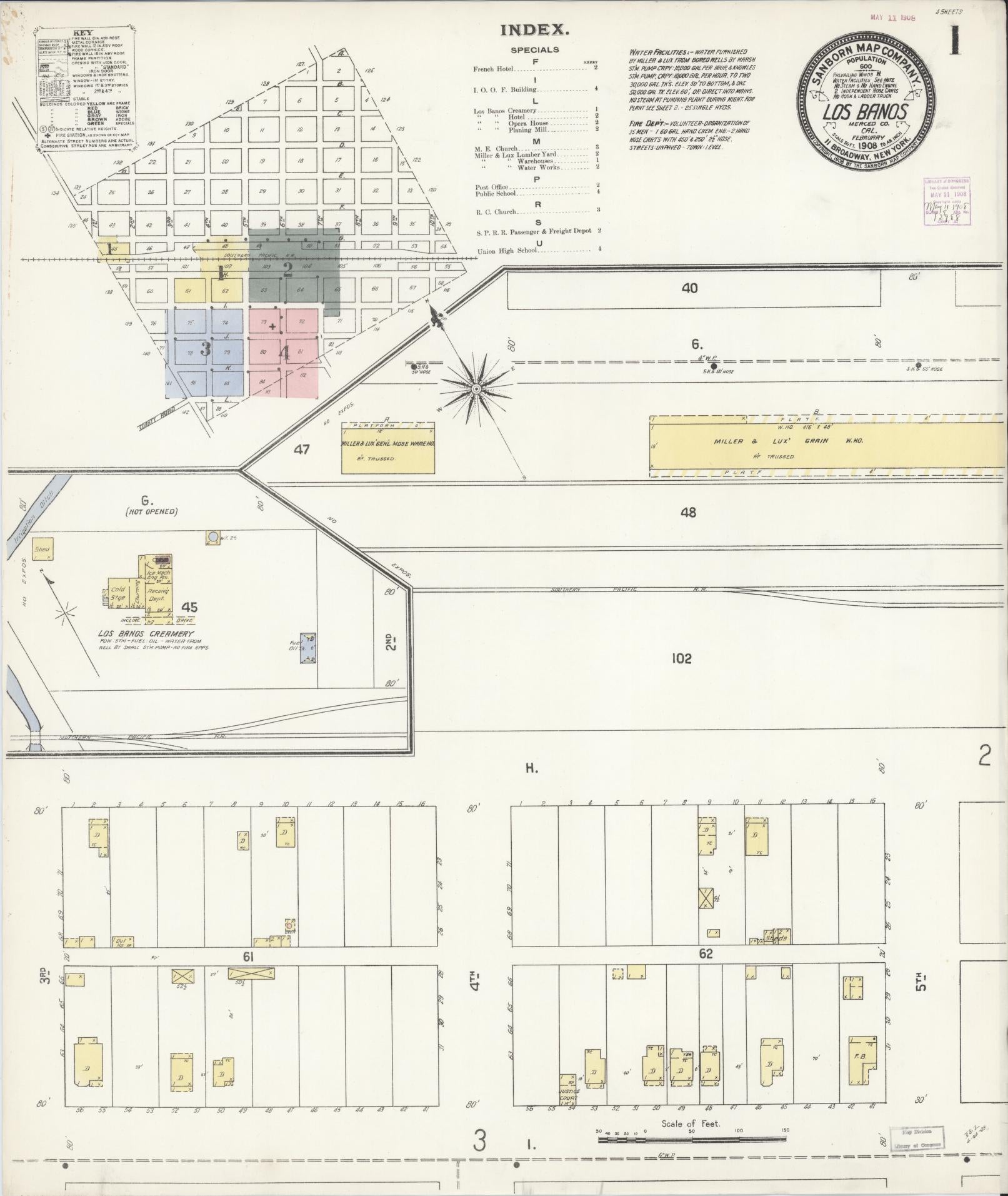Sanborn Fire Insurance Map from Los Banos, Merced County, California (1908), Sheet #0001 - Historic Sanborn Fire Insurance Map Print, vintage old map wall art, antique decor, genealogy gift, California California map