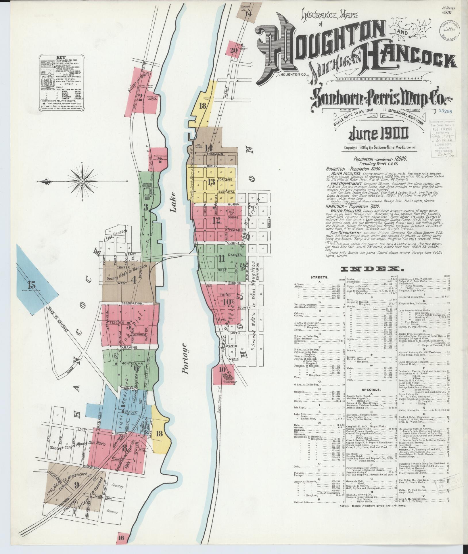Sanborn Fire Insurance Map from Houghton, Houghton County, Michigan (1900), Sheet #0001 - Complete Map Set gallery image, historic Sanborn map, vintage wall art, Michigan Michigan