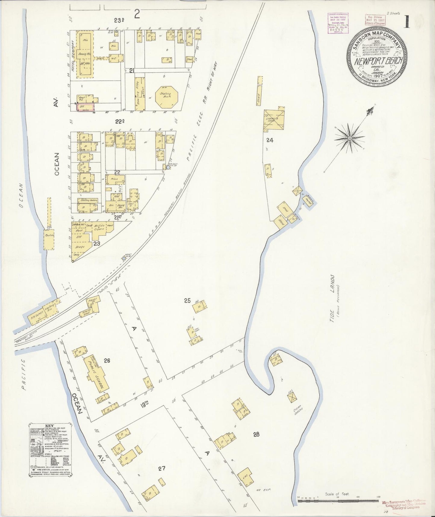 Sanborn Fire Insurance Map from Newport Beach, Orange County, California (1907), Sheet #0001 - Historic Sanborn Fire Insurance Map Print, vintage old map wall art, antique decor, genealogy gift, California California map