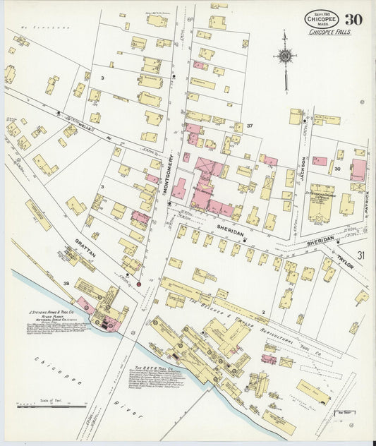 Sanborn Fire Insurance Map from Chicopee, Hampden County, Massachusetts (1910), Sheet #0030 - Historic Sanborn Fire Insurance Map Print, vintage old map wall art, antique decor, genealogy gift, Massachusetts Massachusetts map