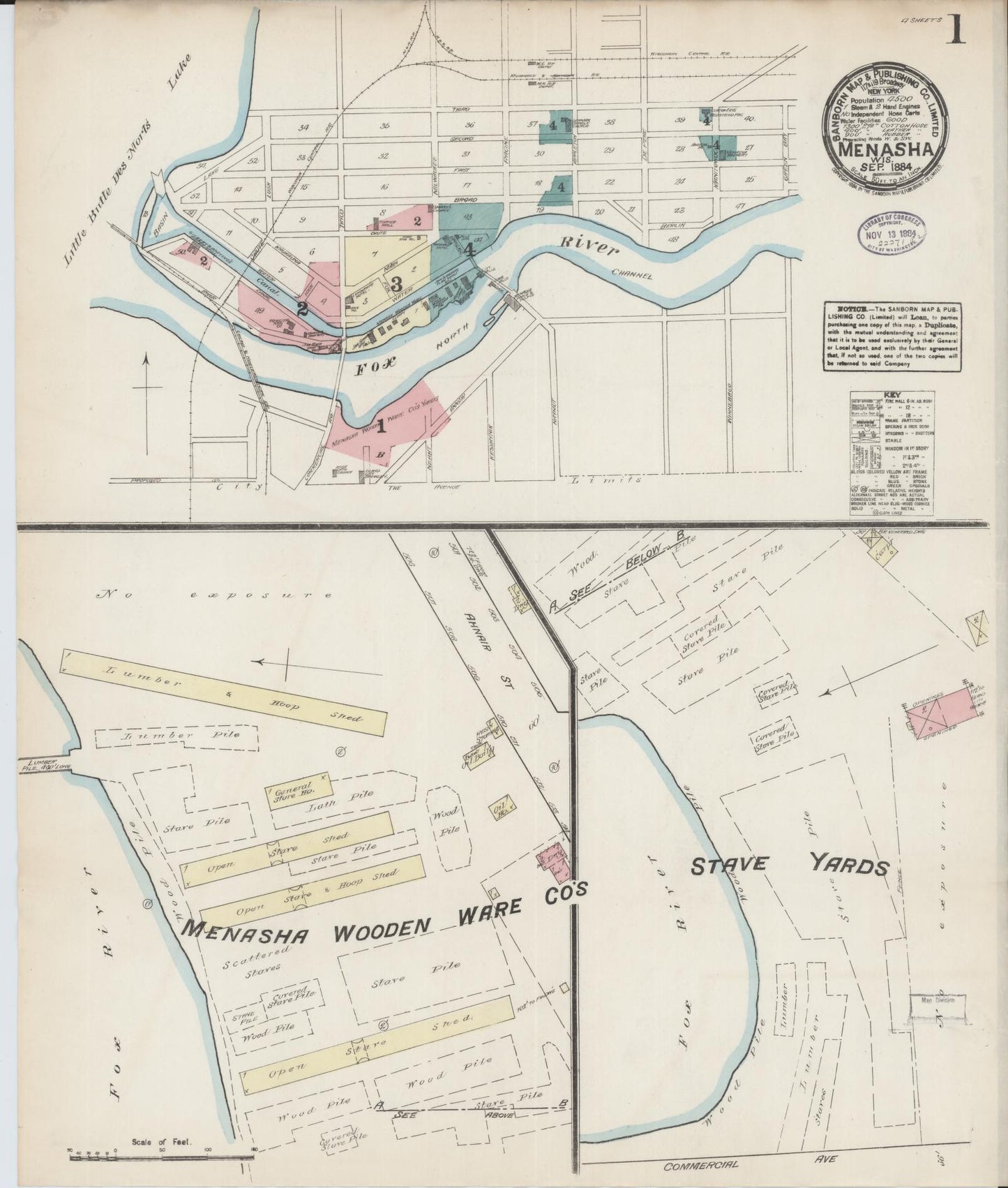 Sanborn Fire Insurance Map from Menasha, Winnebago County, Wisconsin (1884), Sheet #0001 - Complete Map Set gallery image, historic Sanborn map, vintage wall art, Wisconsin Wisconsin