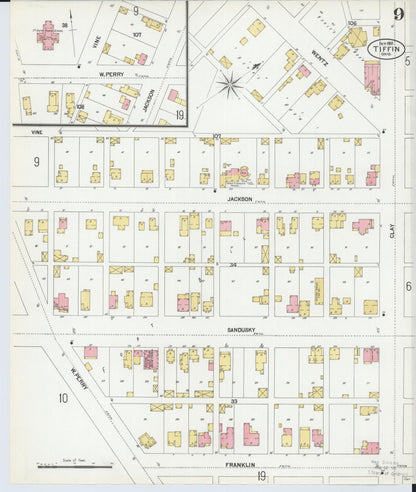 Sanborn Fire Insurance Map from Tiffin, Seneca County, Ohio (1901), Sheet #0009 - Historic Sanborn Fire Insurance Map Print, vintage old map wall art, antique decor, genealogy gift, Ohio Ohio map
