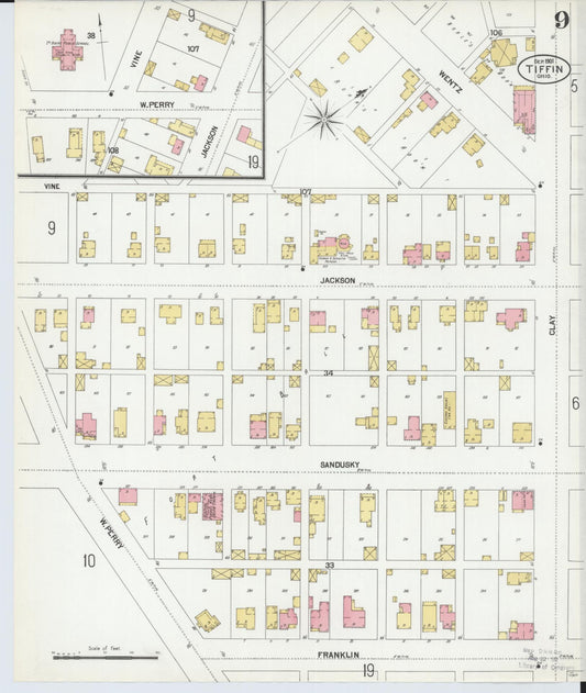Sanborn Fire Insurance Map from Tiffin, Seneca County, Ohio (1901), Sheet #0009 - Historic Sanborn Fire Insurance Map Print, vintage old map wall art, antique decor, genealogy gift, Ohio Ohio map