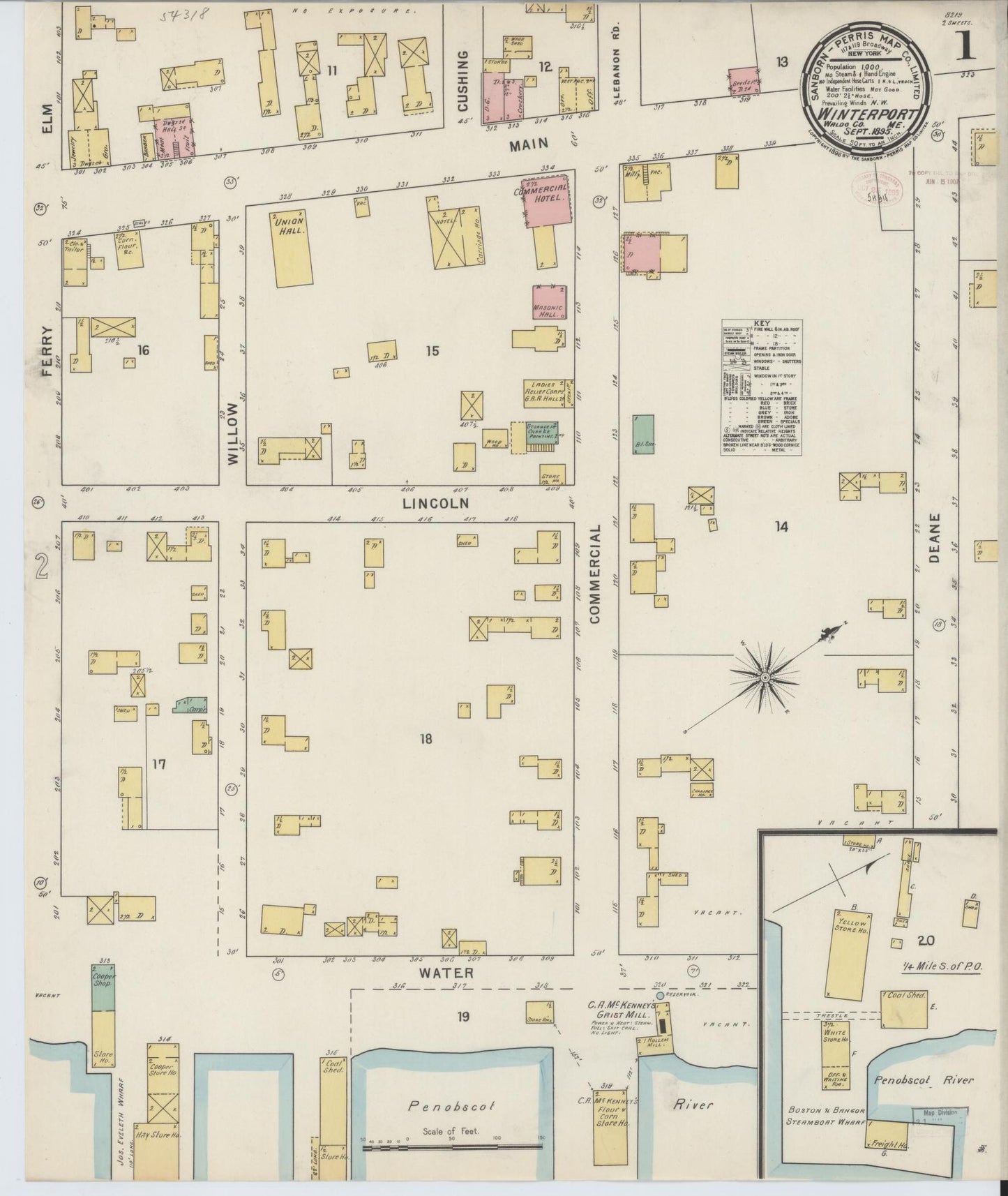 Sanborn Fire Insurance Map from Winterport, Waldo County, Maine (1895), Sheet #0001 - Complete Map Set gallery image, historic Sanborn map, vintage wall art, Maine Maine