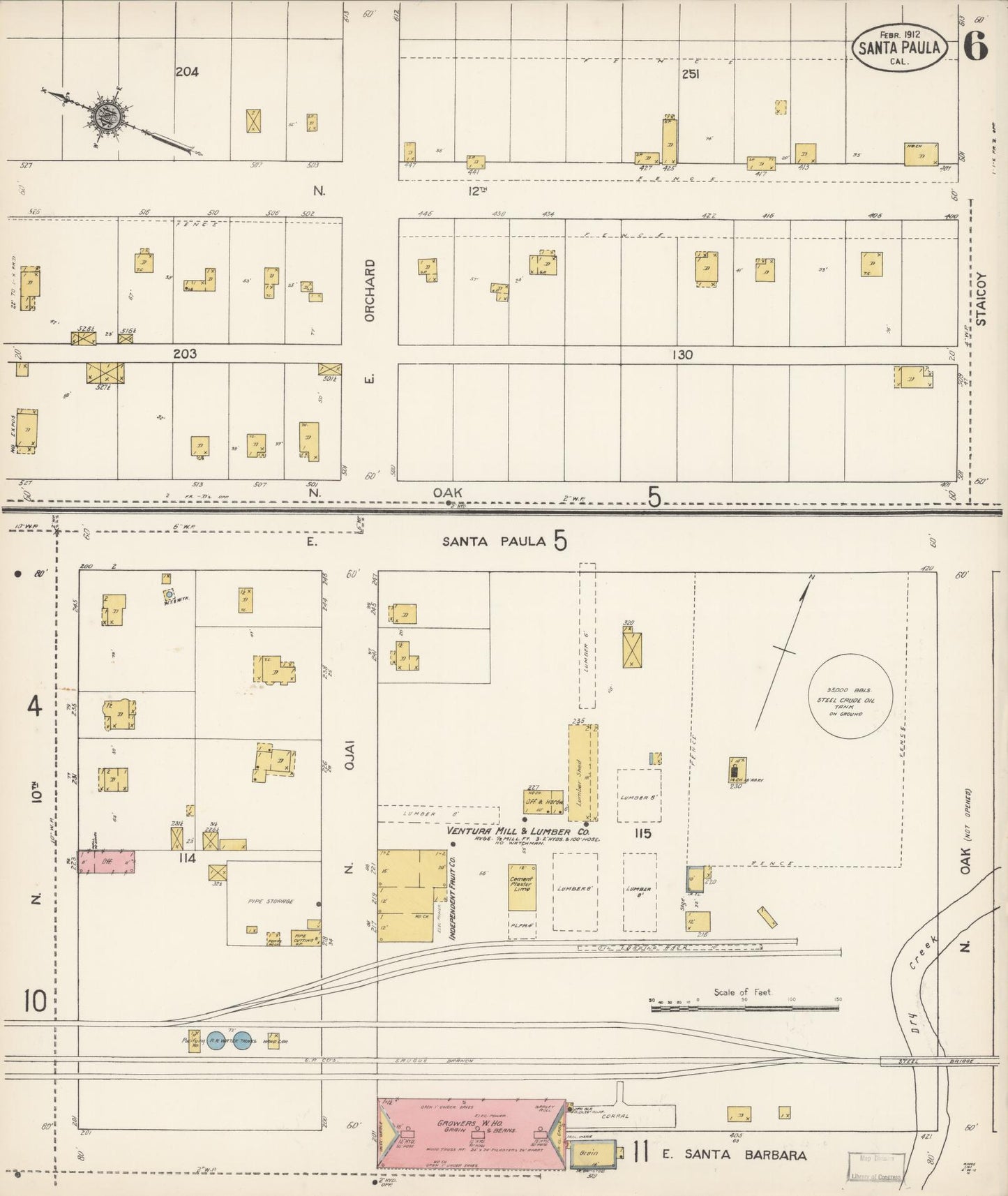 Sanborn Fire Insurance Map from Santa Paula, Ventura County, California (1912), Sheet #0006 - Complete Map Set gallery image, historic Sanborn map, vintage wall art, California California
