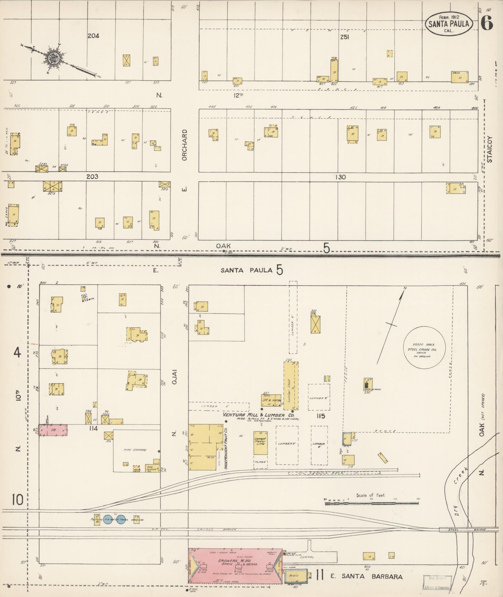 Sanborn Fire Insurance Map from Santa Paula, Ventura County, California (1912), Sheet #0006 - Complete Map Set gallery image, historic Sanborn map, vintage wall art, California California