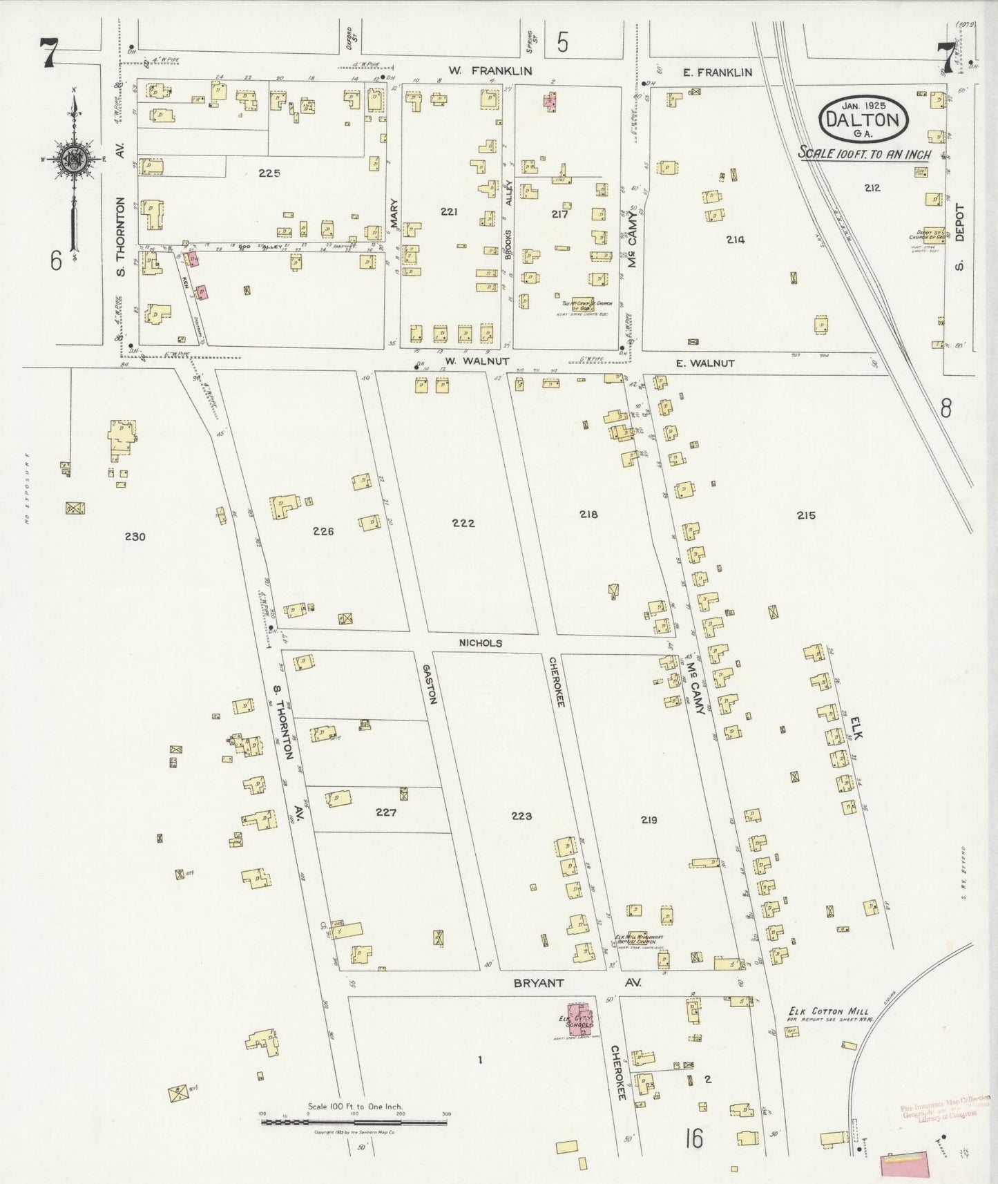 Sanborn Fire Insurance Map from Dalton, Whitfield County, Georgia (1925), Sheet #0007 - Historic Sanborn Fire Insurance Map Print, vintage old map wall art, antique decor, genealogy gift, Georgia Georgia map