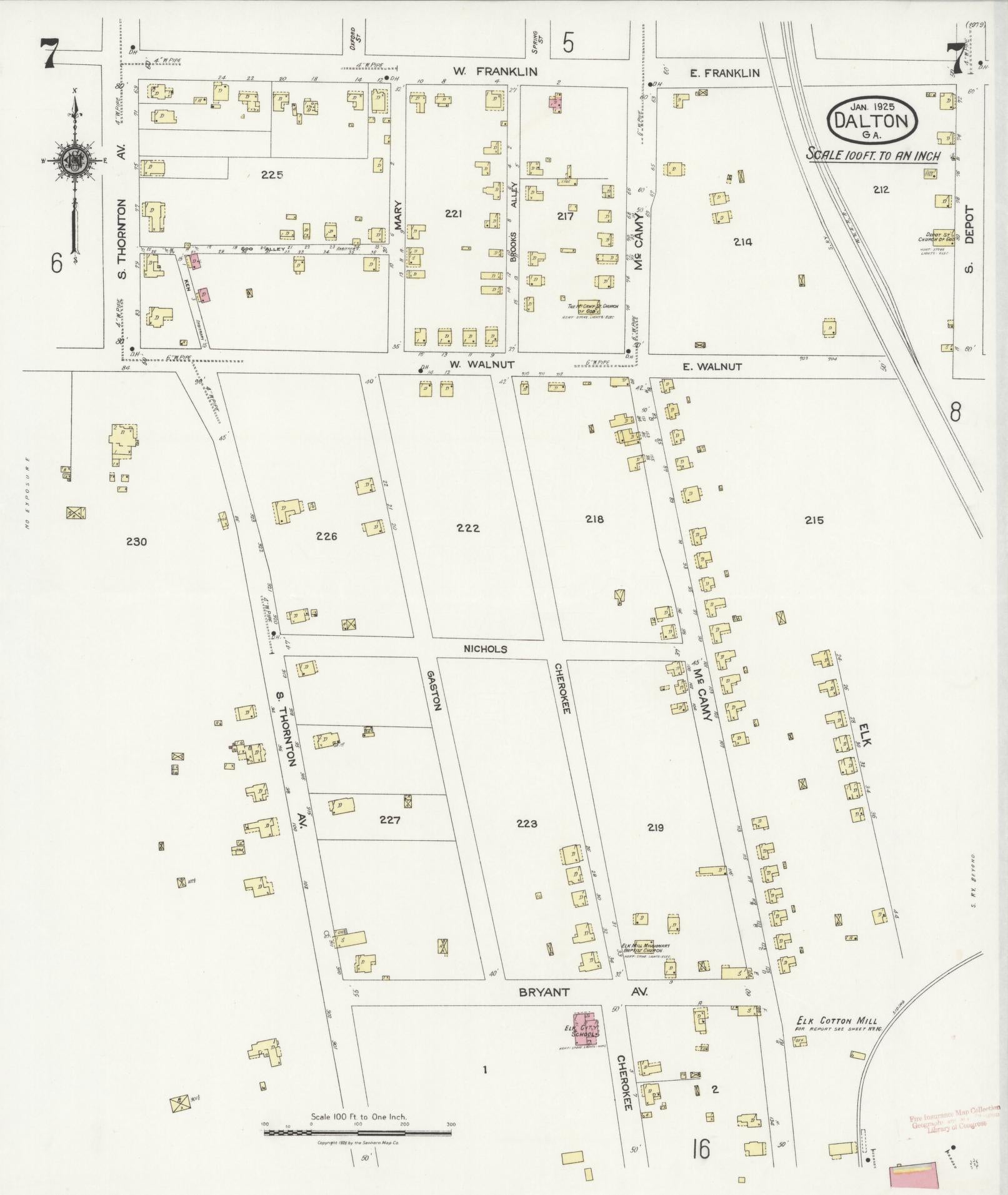 Sanborn Fire Insurance Map from Dalton, Whitfield County, Georgia (1925), Sheet #0007 - Historic Sanborn Fire Insurance Map Print, vintage old map wall art, antique decor, genealogy gift, Georgia Georgia map