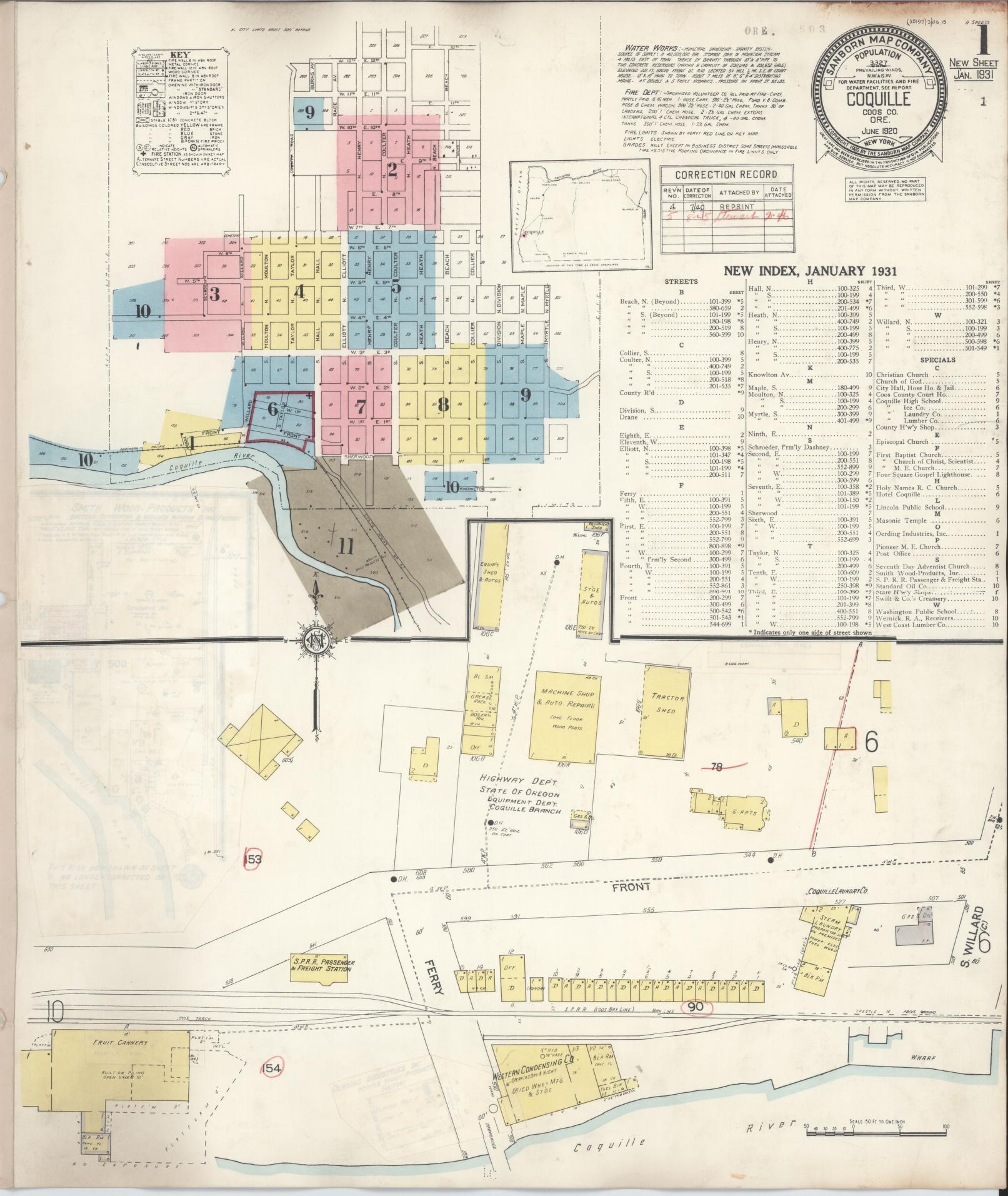 Sanborn Fire Insurance Map from Coquille, Coos County, Oregon (1945), Sheet #0001 - Historic Sanborn Fire Insurance Map Print, vintage old map wall art, antique decor, genealogy gift, Oregon Oregon map