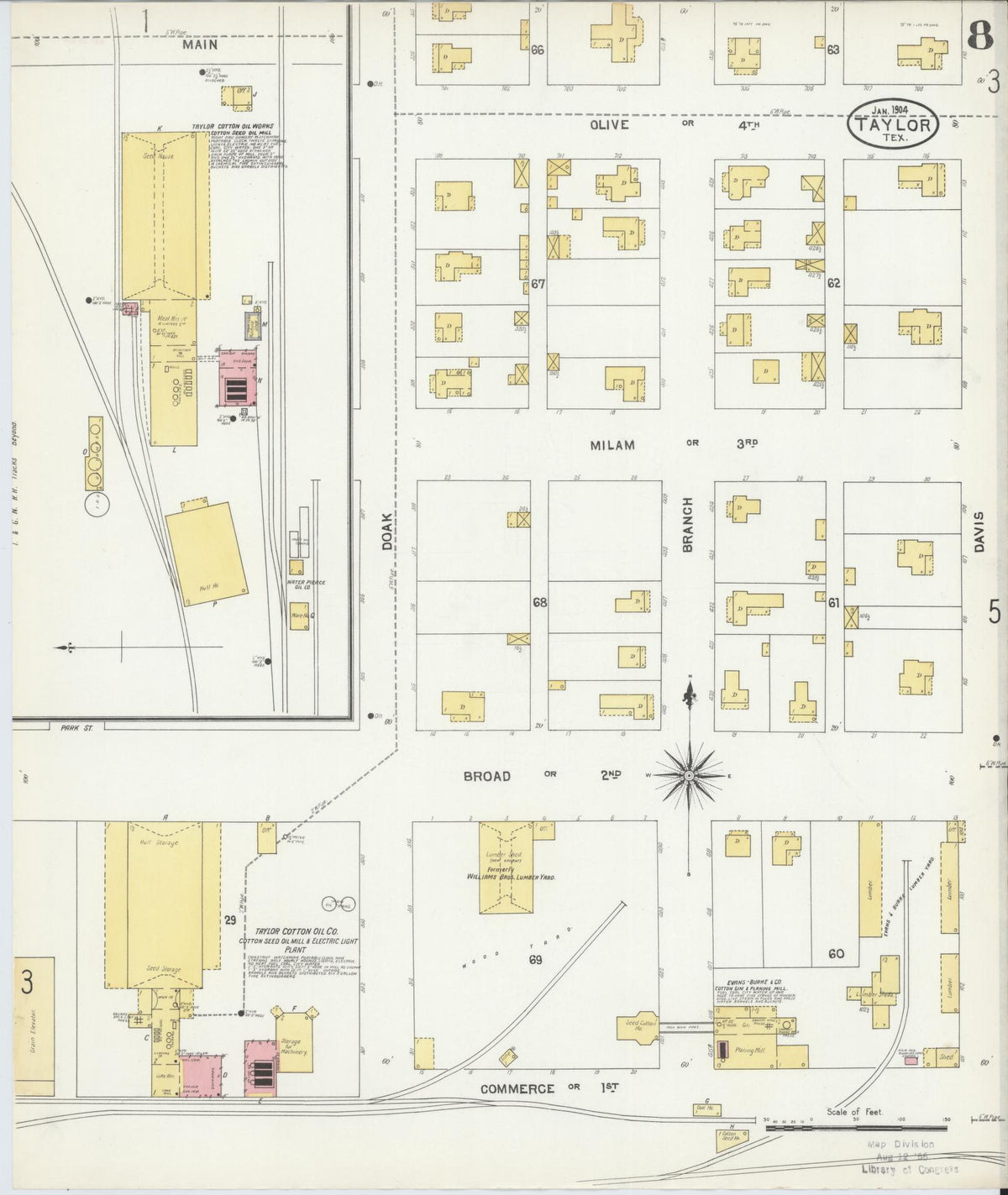 Sanborn Fire Insurance Map from Taylor, Williamson County, Texas (1904), Sheet #0008 - Historic Sanborn Fire Insurance Map Print, vintage old map wall art, antique decor, genealogy gift, Texas Texas map