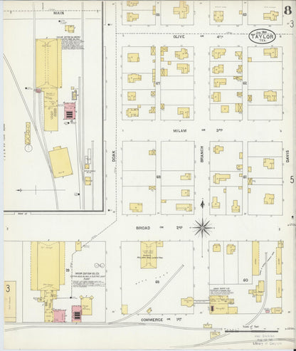 Sanborn Fire Insurance Map from Taylor, Williamson County, Texas (1904), Sheet #0008 - Historic Sanborn Fire Insurance Map Print, vintage old map wall art, antique decor, genealogy gift, Texas Texas map