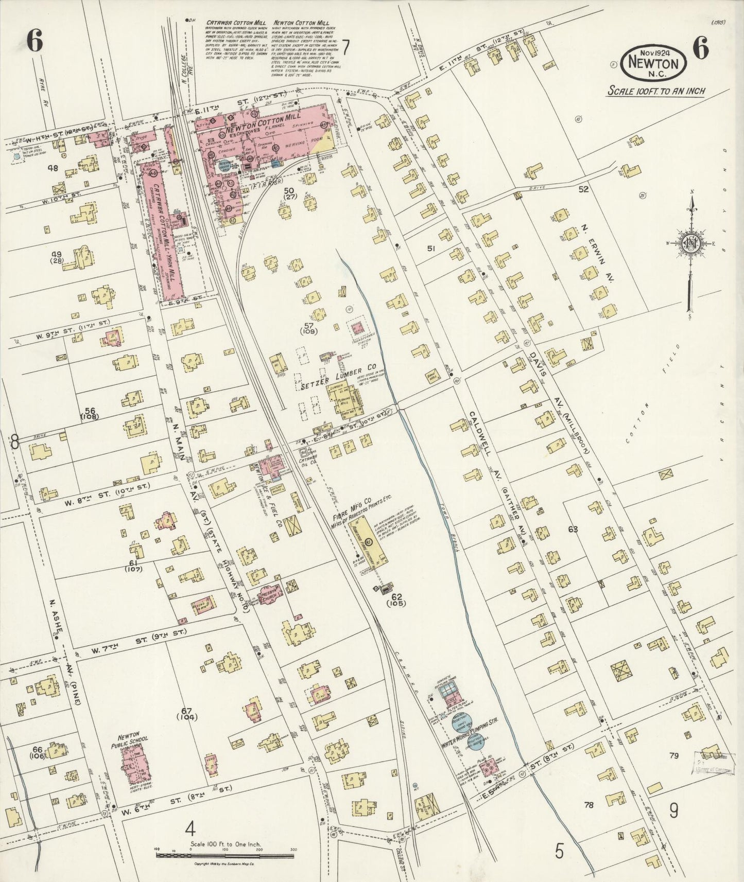 Sanborn Fire Insurance Map from Newton, Catawba County, North Carolina (1924), Sheet #0006 - Historic Sanborn Fire Insurance Map Print, vintage old map wall art, antique decor, genealogy gift, North Carolina North Carolina map
