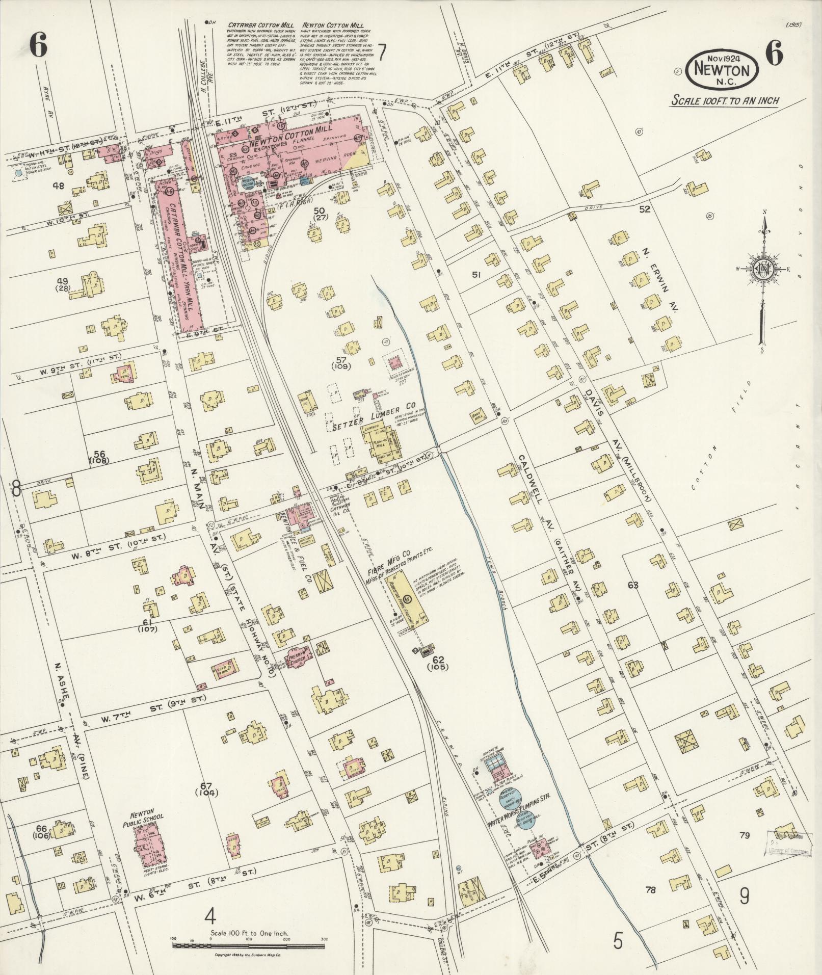 Sanborn Fire Insurance Map from Newton, Catawba County, North Carolina (1924), Sheet #0006 - Historic Sanborn Fire Insurance Map Print, vintage old map wall art, antique decor, genealogy gift, North Carolina North Carolina map