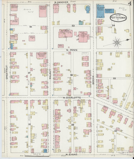 Sanborn Fire Insurance Map from Pottstown, Montgomery County, Pennsylvania (1891), Sheet #0004 - Historic Sanborn Fire Insurance Map Print, vintage old map wall art, antique decor, genealogy gift, Pennsylvania Pennsylvania map