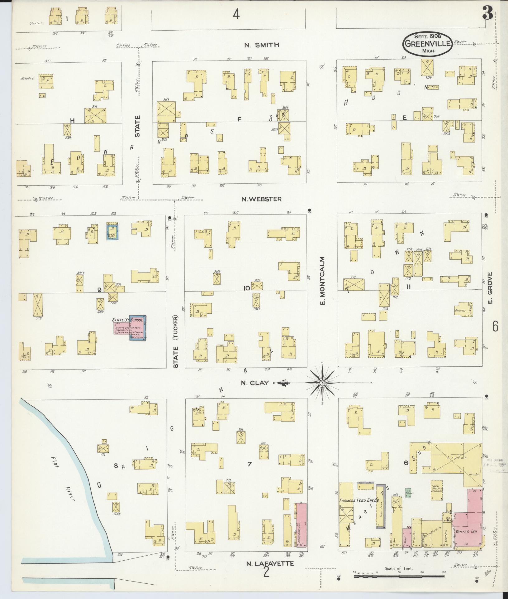 Sanborn Fire Insurance Map from Greenville, Montcalm County, Michigan (1908), Sheet #0003 - Complete Map Set gallery image, historic Sanborn map, vintage wall art, Michigan Michigan