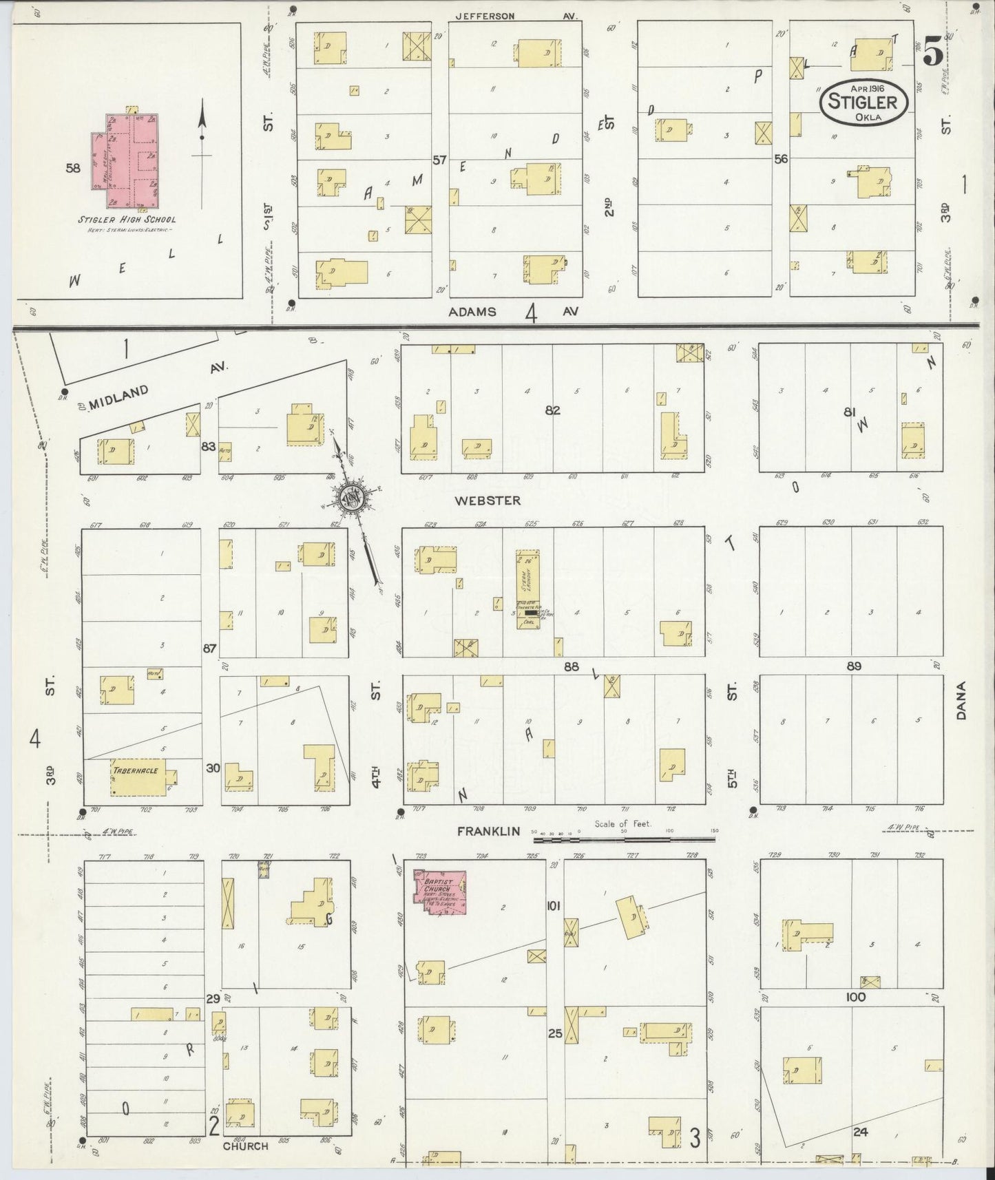 Sanborn Fire Insurance Map from Stigler, Haskell County, Oklahoma (1916), Sheet #0005 - Historic Sanborn Fire Insurance Map Print, vintage old map wall art, antique decor, genealogy gift, Oklahoma Oklahoma map