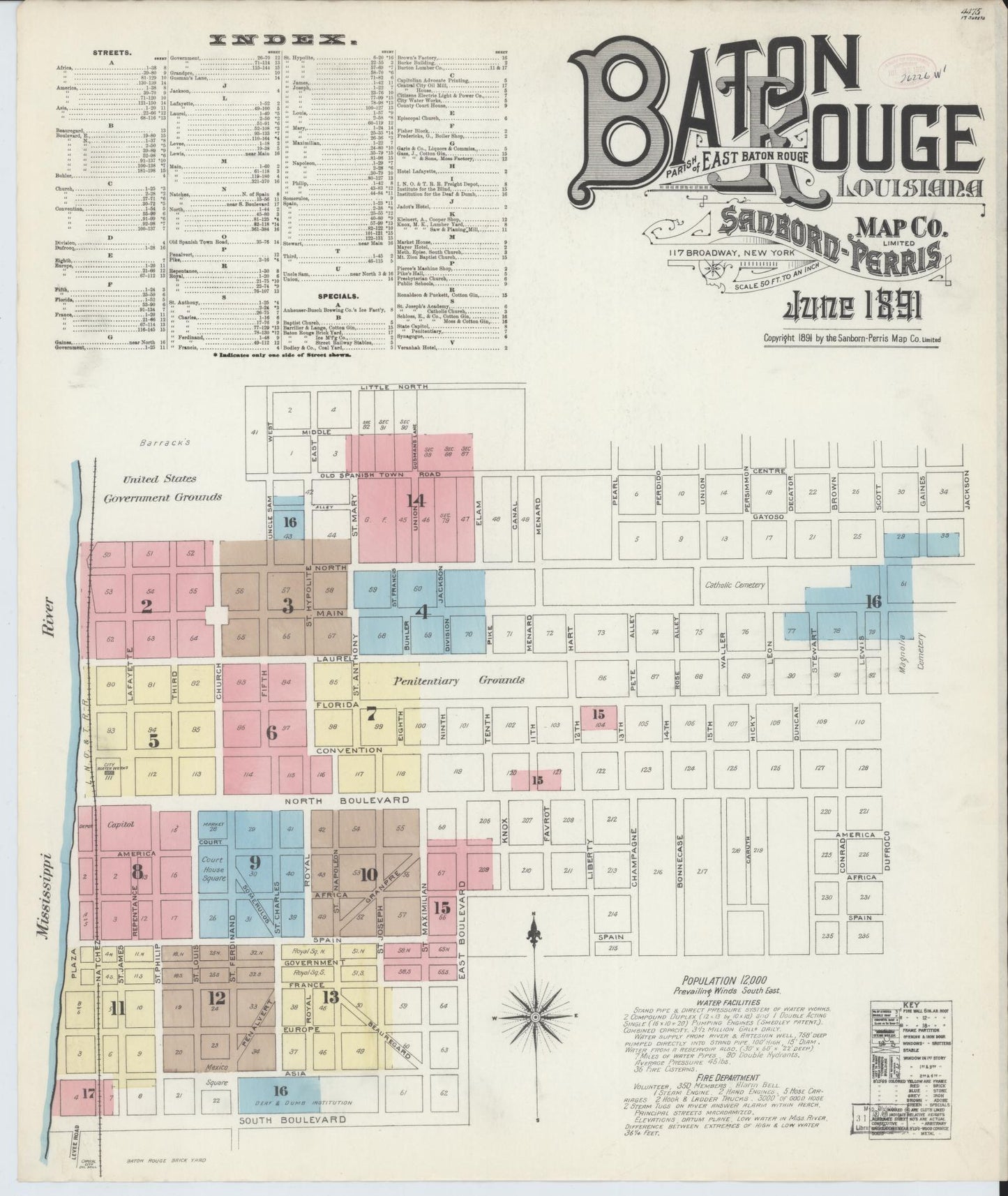 Sanborn Fire Insurance Map from Baton Rouge, East Baton Rouge Parish, Louisiana (1891), Sheet #0001 - Historic Sanborn Fire Insurance Map Print, vintage old map wall art, antique decor, genealogy gift, Louisiana Louisiana map