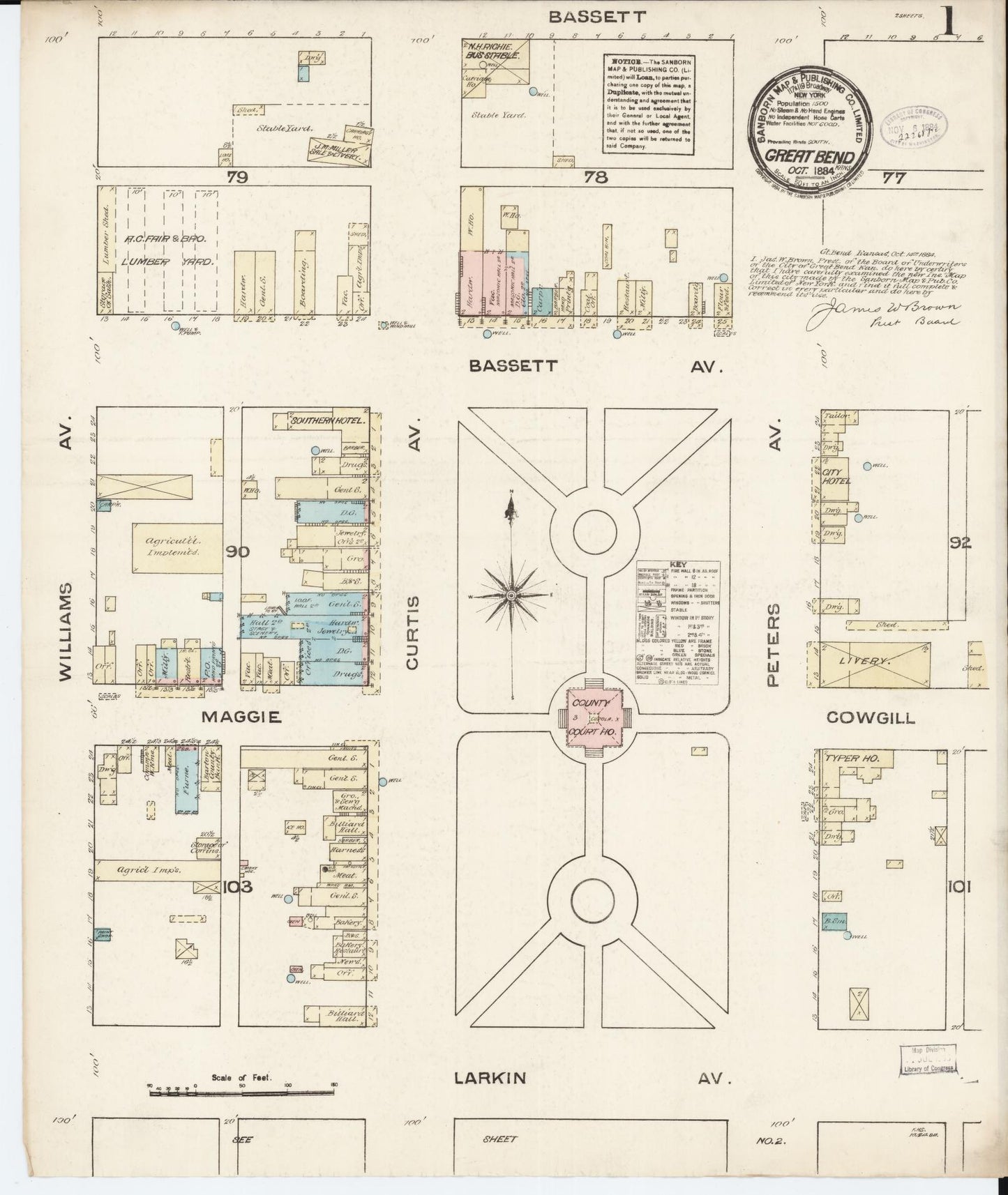 Sanborn Fire Insurance Map from Great Bend, Barton County, Kansas (1884), Sheet #0001 - Historic Sanborn Fire Insurance Map Print, vintage old map wall art, antique decor, genealogy gift, Kansas Kansas map