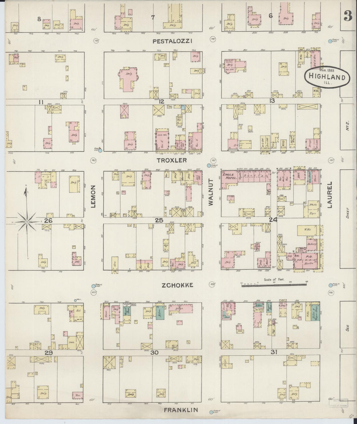 Sanborn Fire Insurance Map from Highland, Madison County, Illinois (1888), Sheet #0003 - Complete Map Set gallery image, historic Sanborn map, vintage wall art, Illinois Illinois