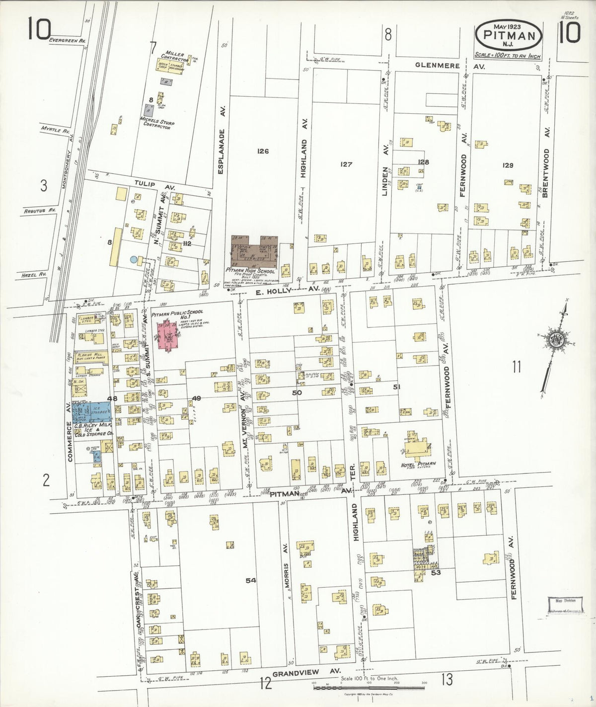 Sanborn Fire Insurance Map from Pitman, Gloucester County, New Jersey (1923), Sheet #0010 - Historic Sanborn Fire Insurance Map Print, vintage old map wall art, antique decor, genealogy gift, New Jersey New Jersey map