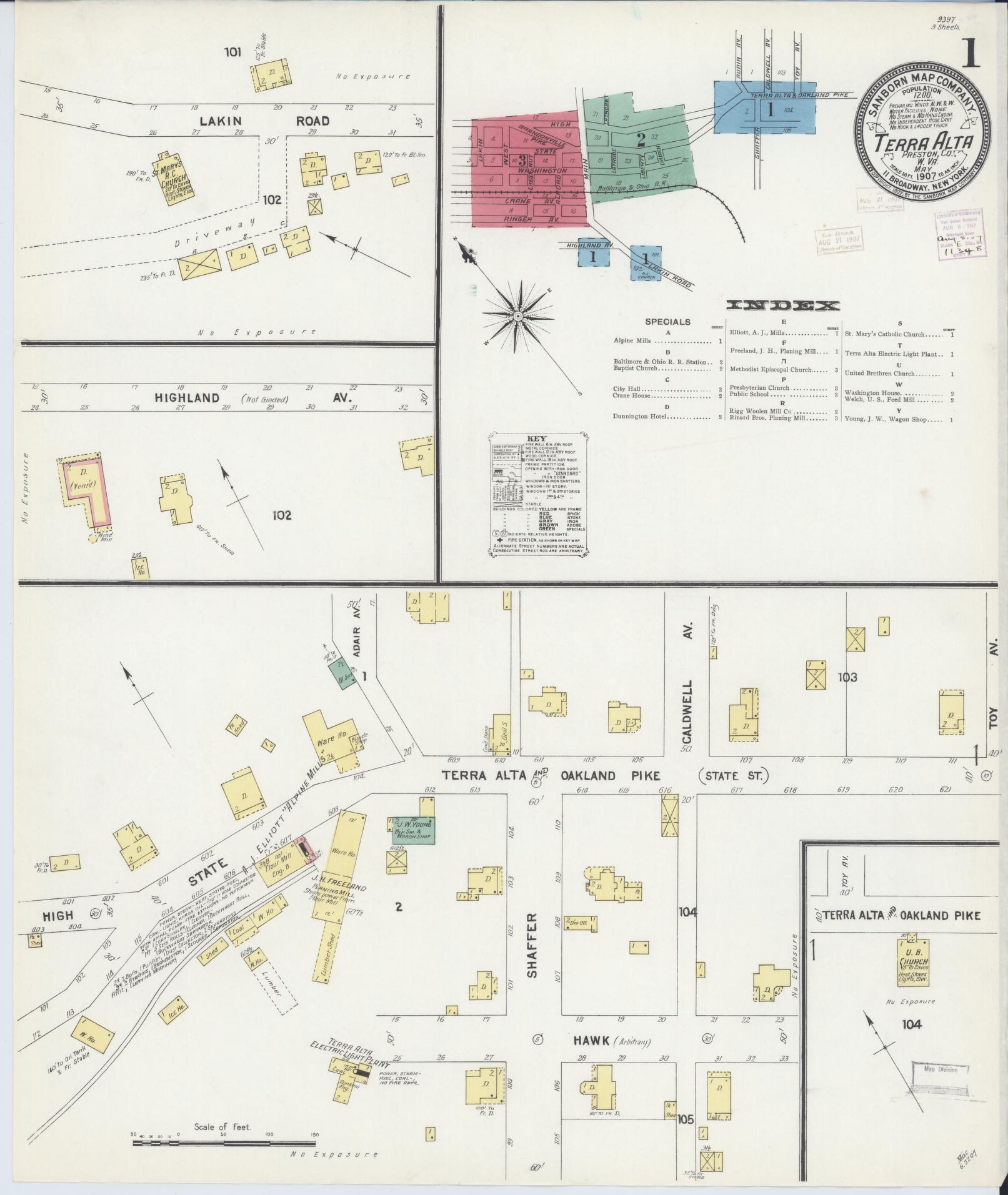 Sanborn Fire Insurance Map from Terra Alta, Preston County, West Virginia (1907), Sheet #0001 - Historic Sanborn Fire Insurance Map Print, vintage old map wall art, antique decor, genealogy gift, West Virginia West Virginia map